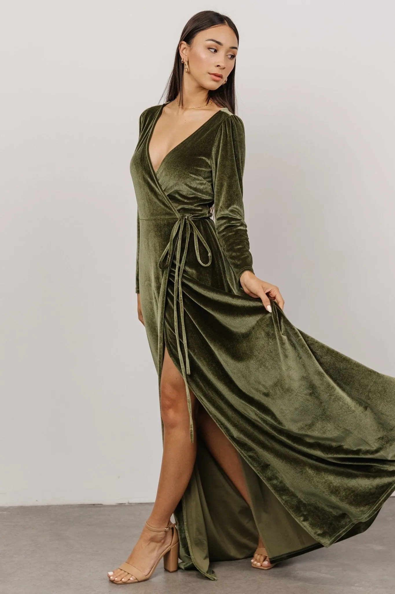 Esmerelda Velvet Wrap Maxi Dress | Olive sold by Baltic Born product image thumbnail 5