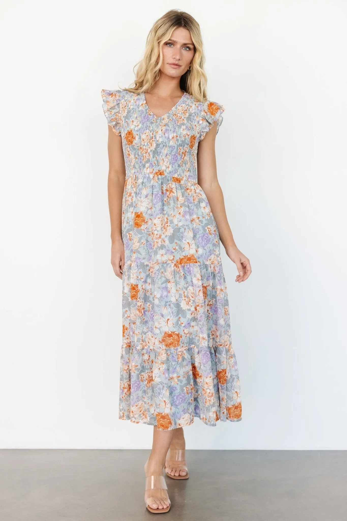 Arla Smocked Maxi Dress | Light Blue Floral sold by Baltic Born