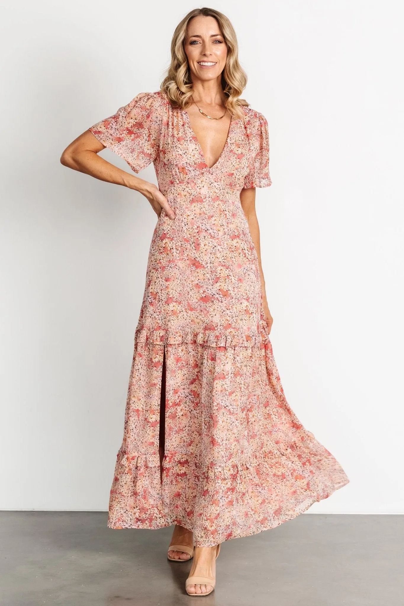 Audrey Deep V Maxi Dress | Blush Floral sold by Baltic Born