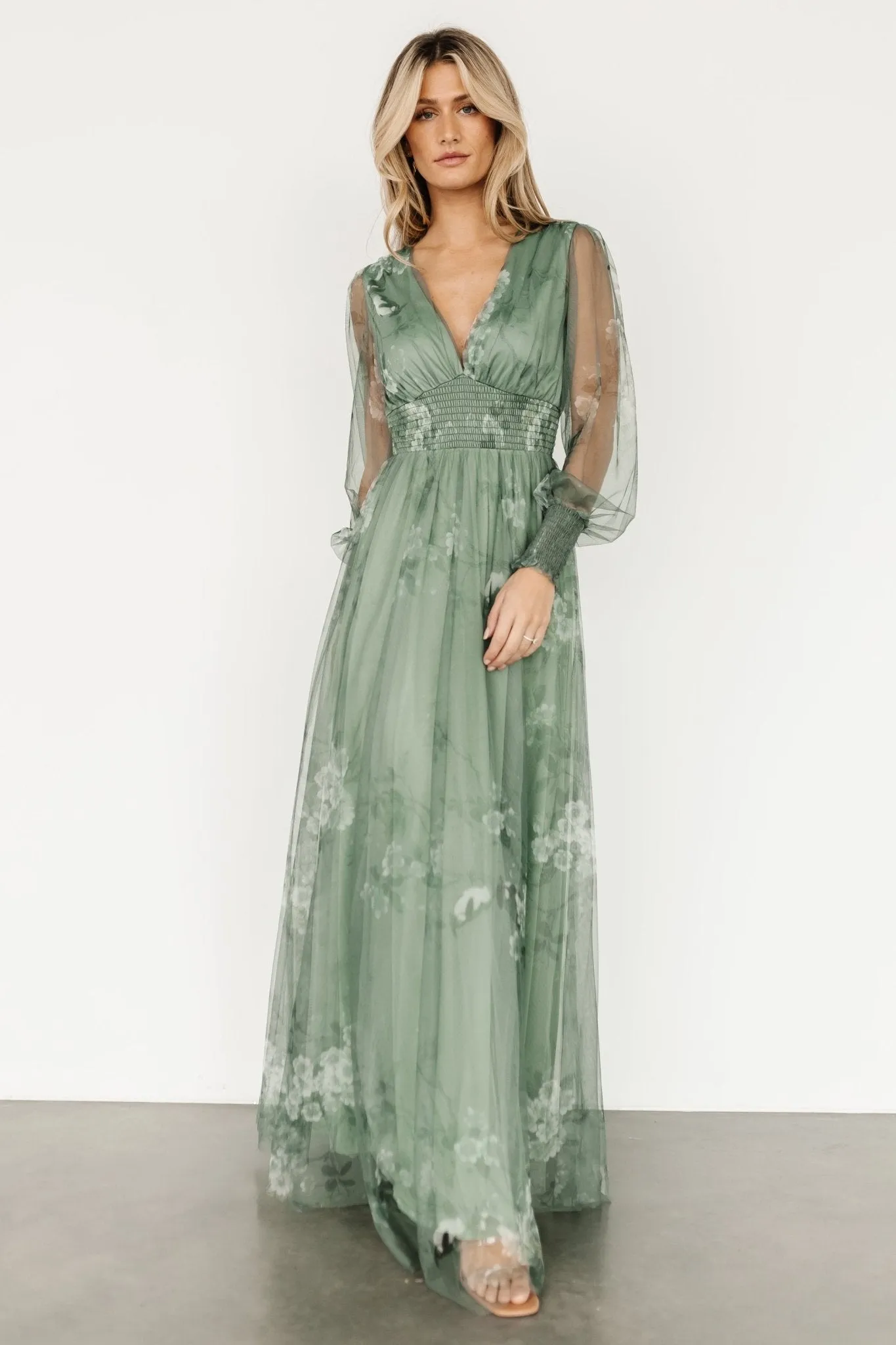 Layla Tulle Maxi Dress | Dusty Green Floral sold by Baltic Born product image thumbnail 2