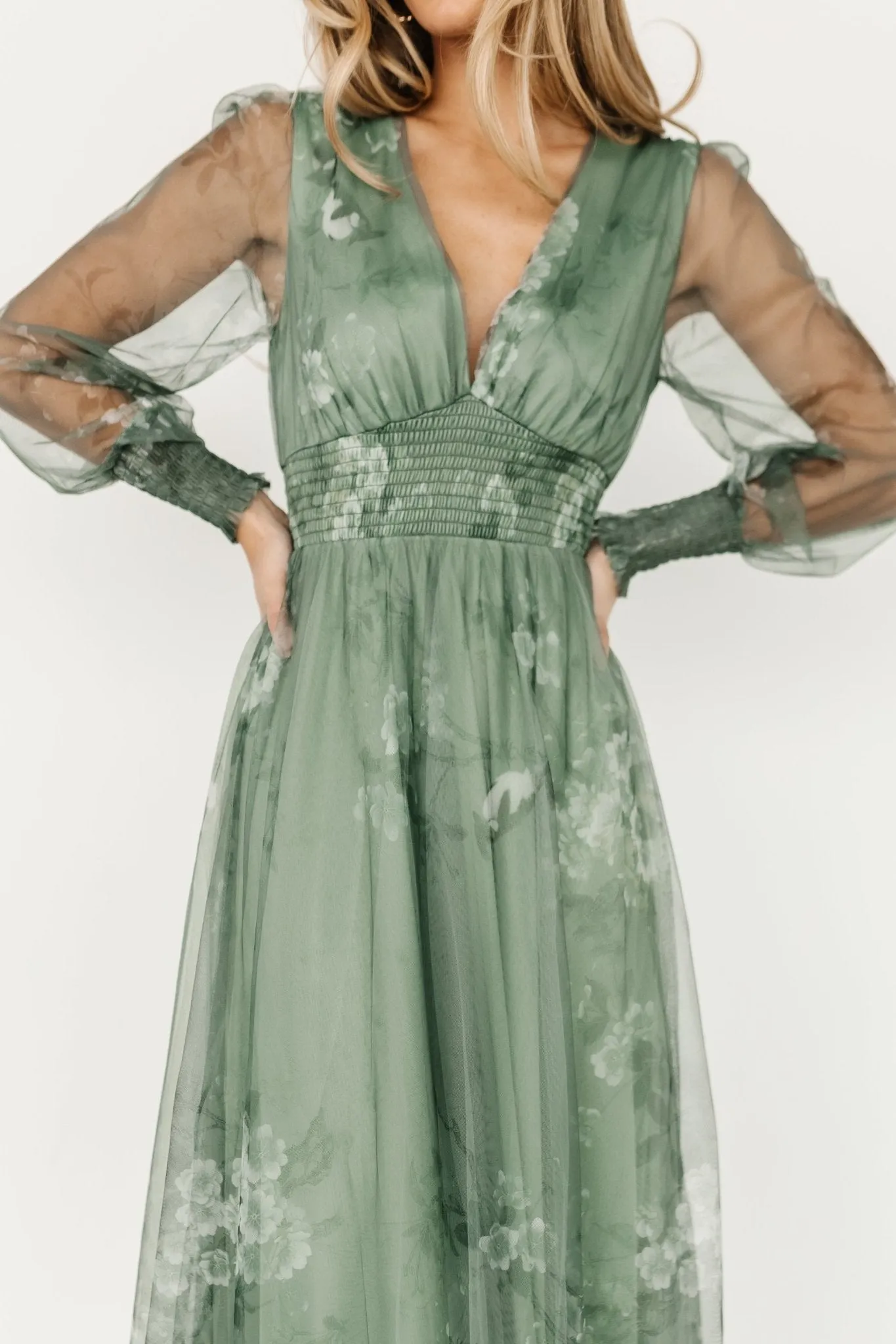 Layla Tulle Maxi Dress | Dusty Green Floral sold by Baltic Born product image thumbnail 4