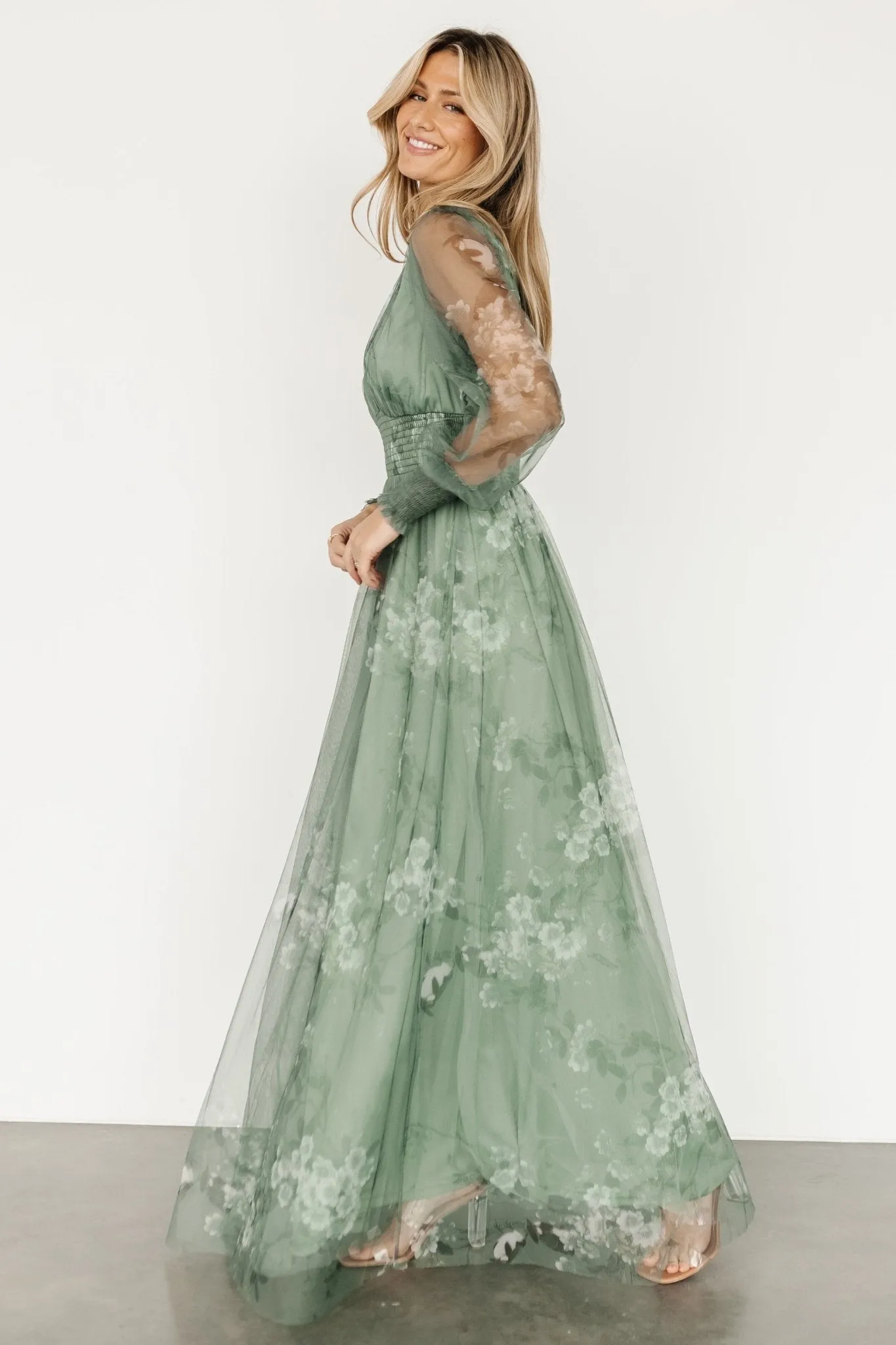 Layla Tulle Maxi Dress | Dusty Green Floral sold by Baltic Born product image thumbnail 5