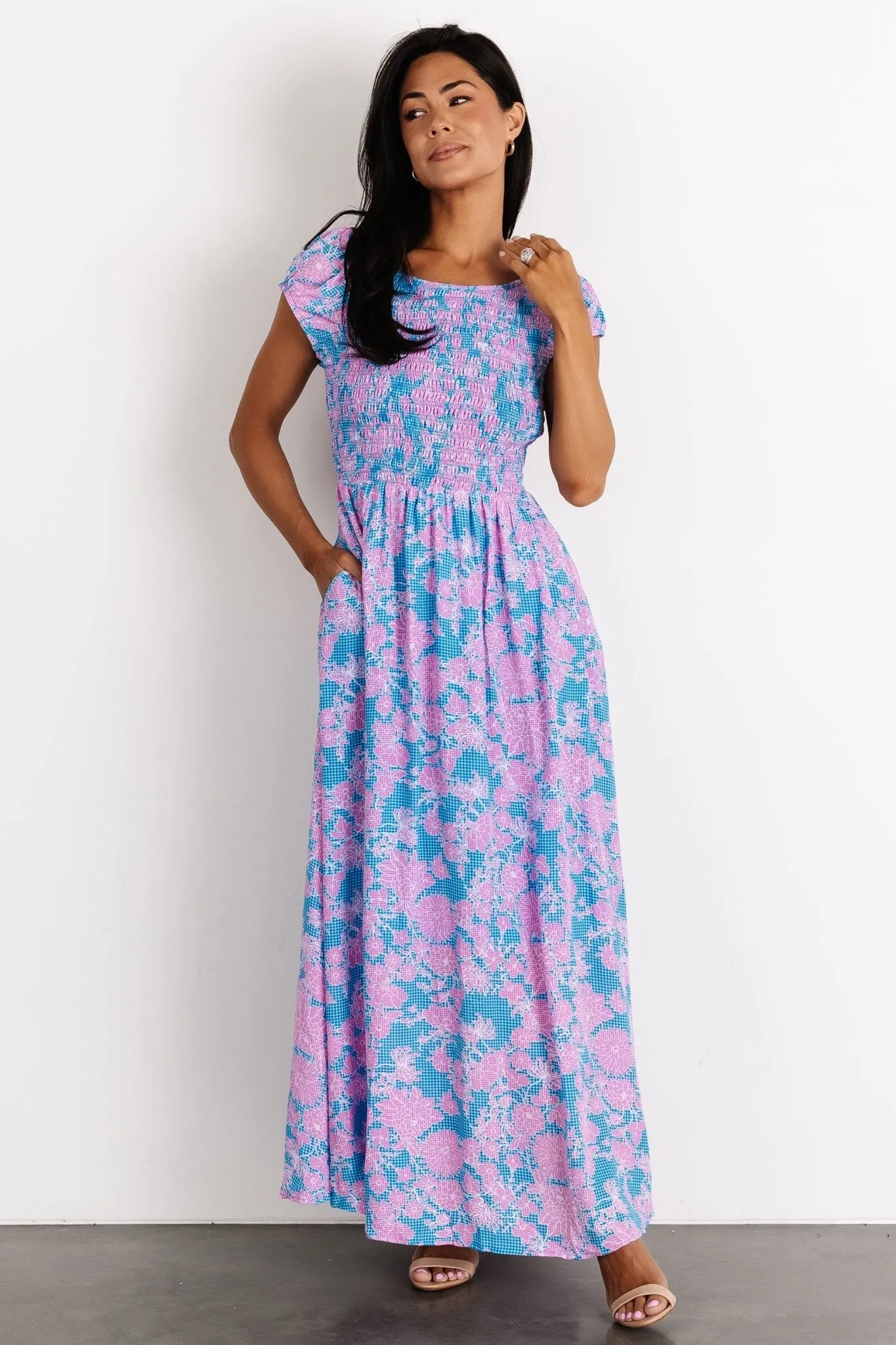 Tabitha Open Back Maxi Dress | Blue + Pink sold by Baltic Born product image thumbnail 5