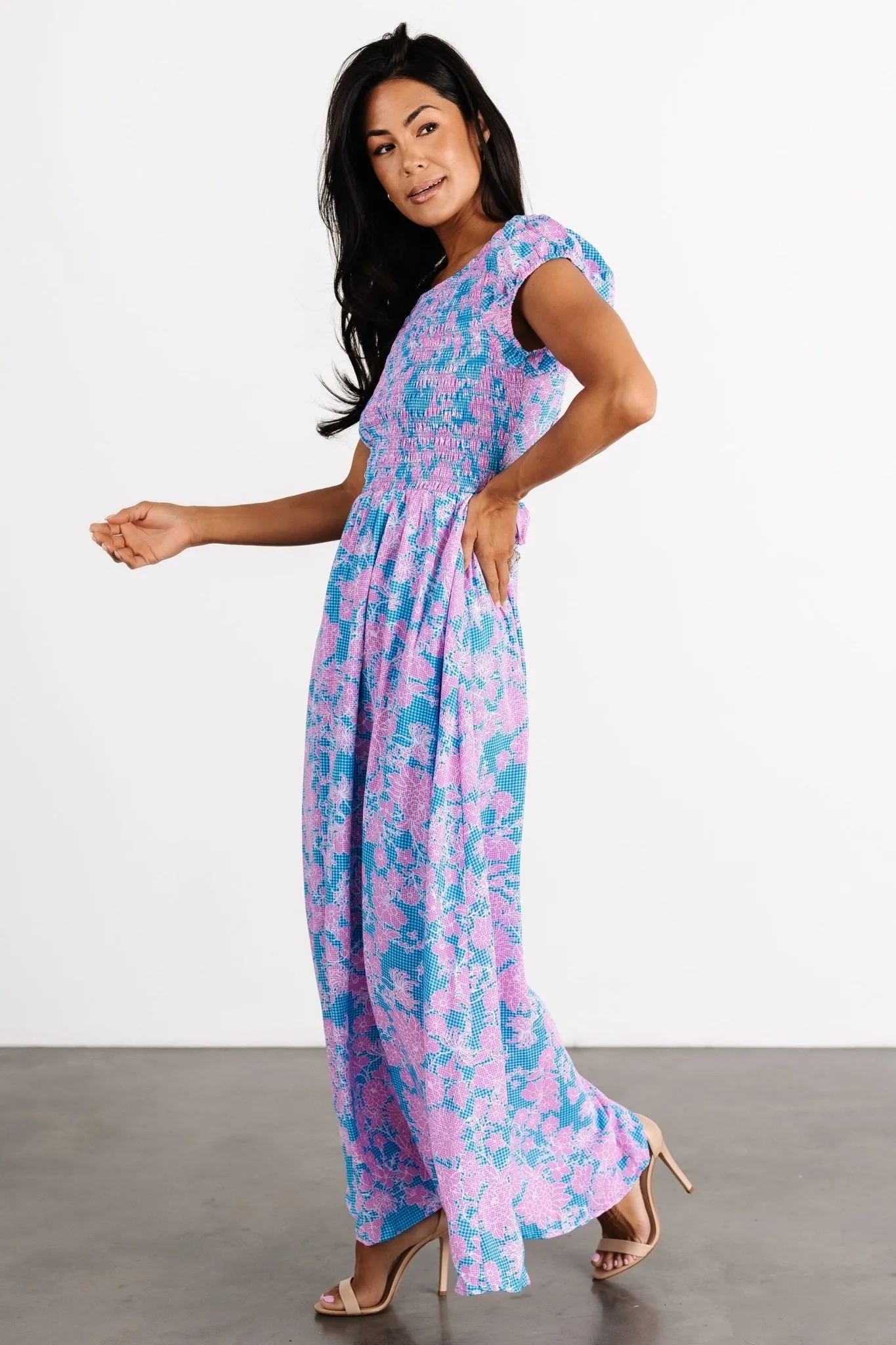 Tabitha Open Back Maxi Dress | Blue + Pink sold by Baltic Born product image thumbnail 3