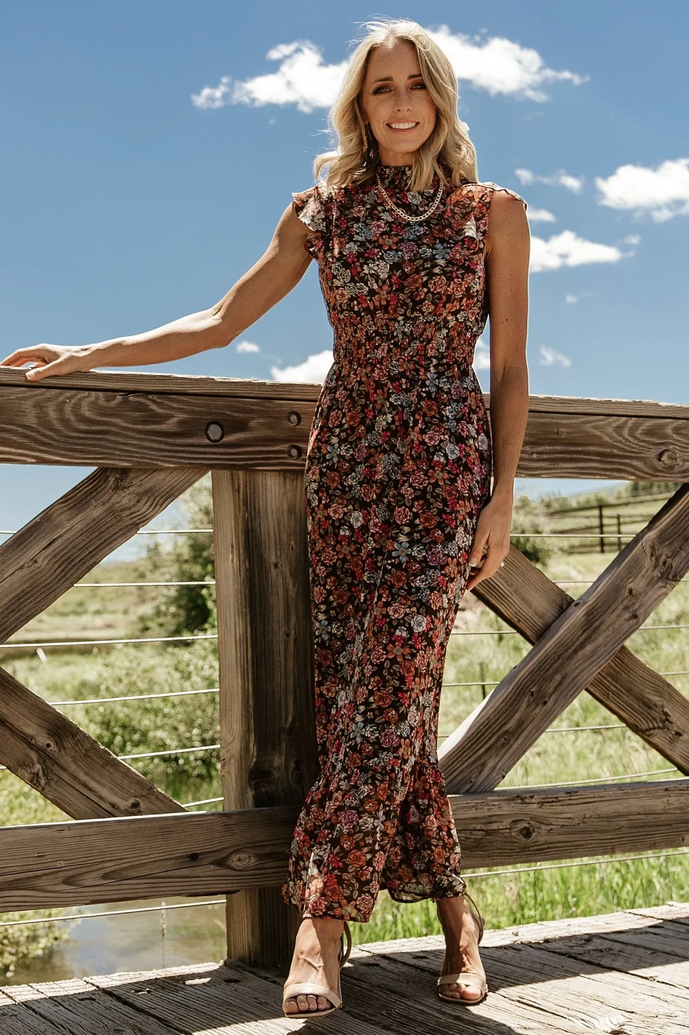 Kearny Ruffle Maxi Dress | Brown Multi Floral sold by Baltic Born