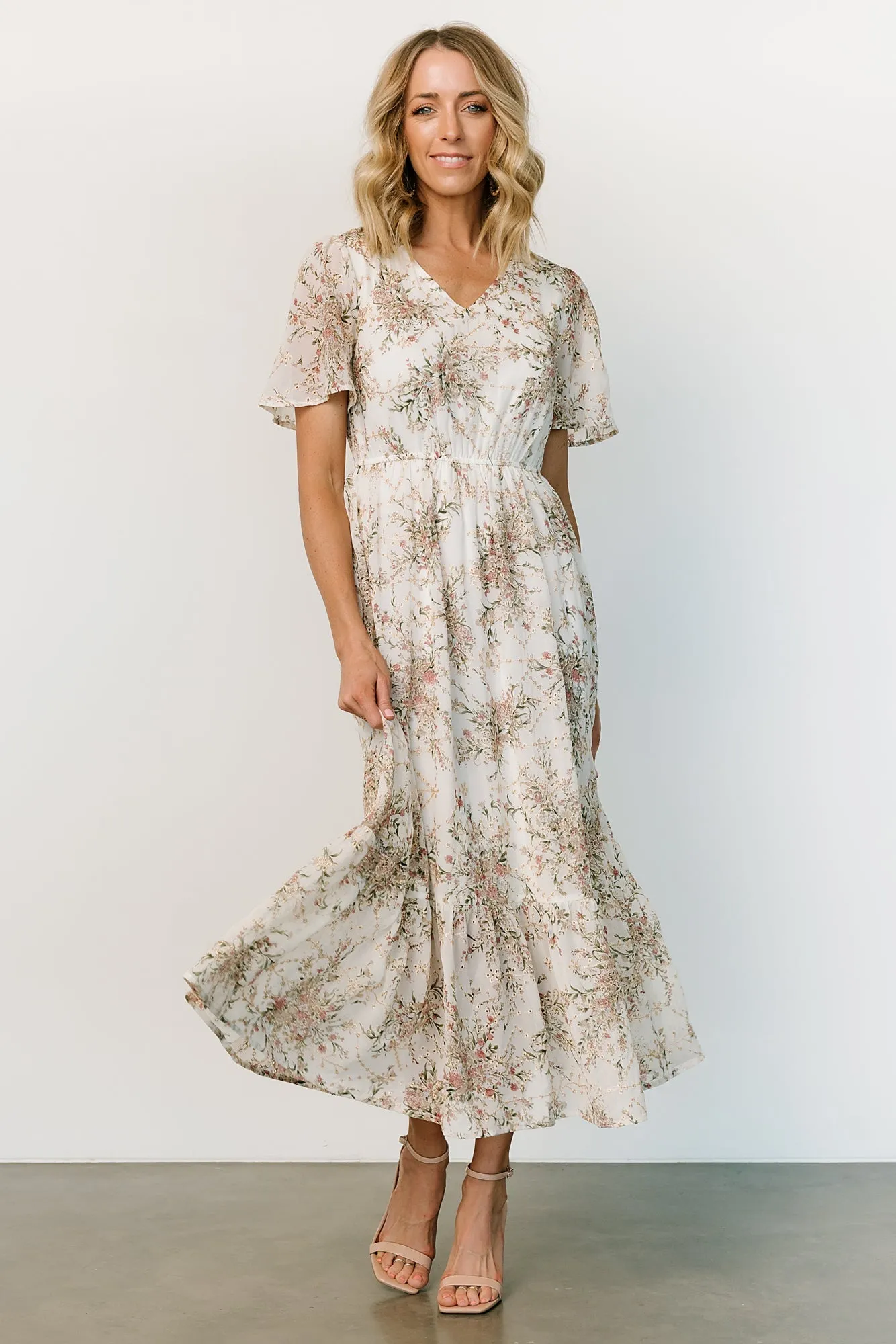 Roanoke Embossed Midi Dress | White Floral sold by Baltic Born