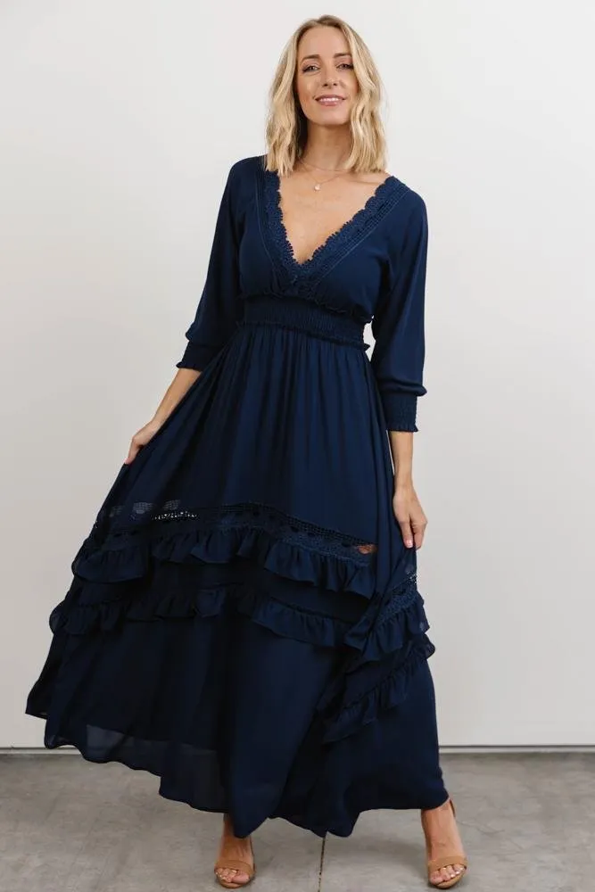 Pippa Ruffle Maxi Dress | Navy sold by Baltic Born