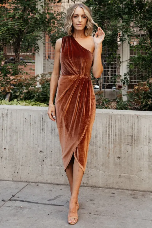 Kourtney Velvet One Shoulder Midi Dress | Spice sold by Baltic Born