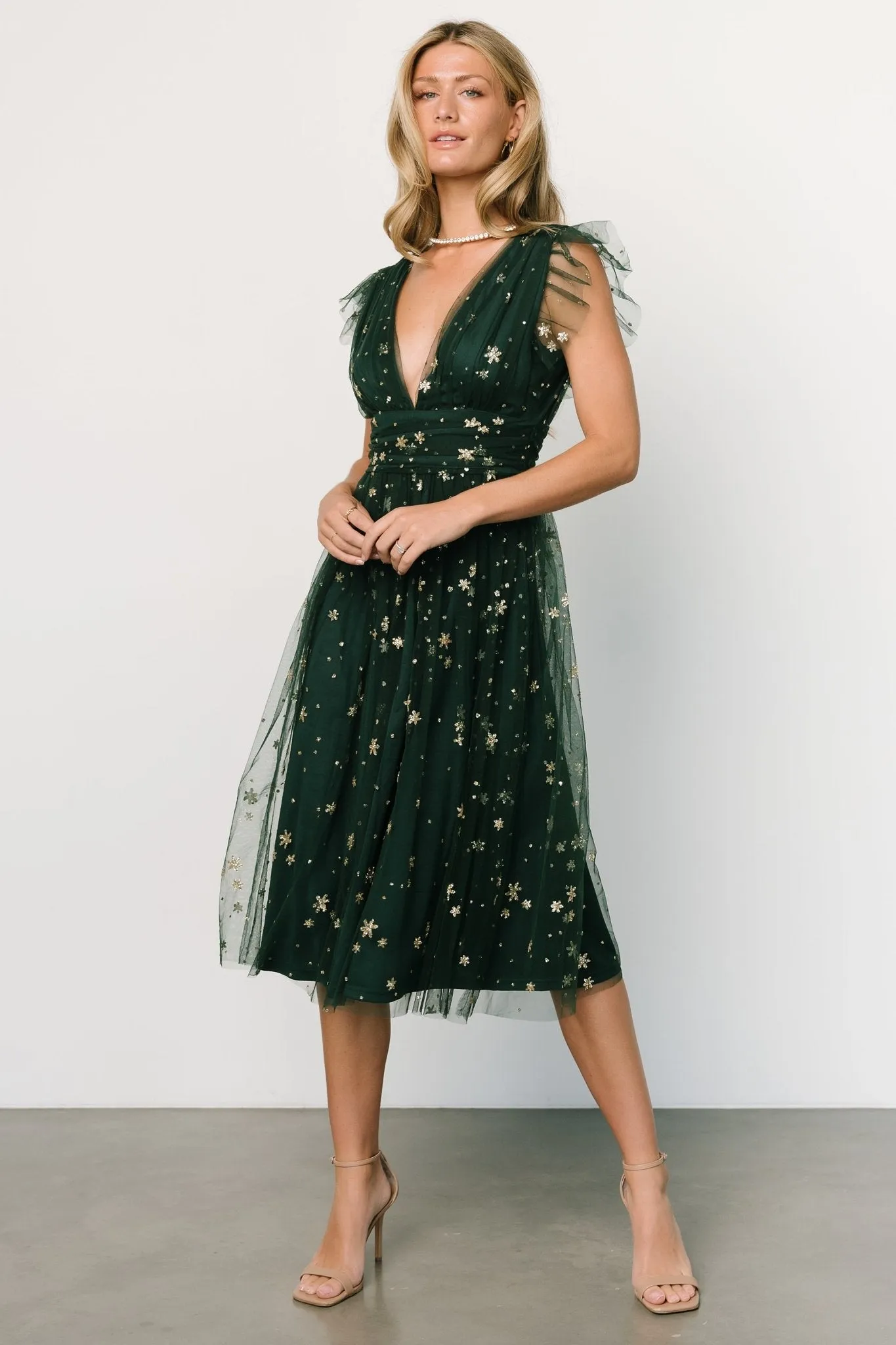 Chiara Shimmer Midi Dress | Green + Gold sold by Baltic Born
