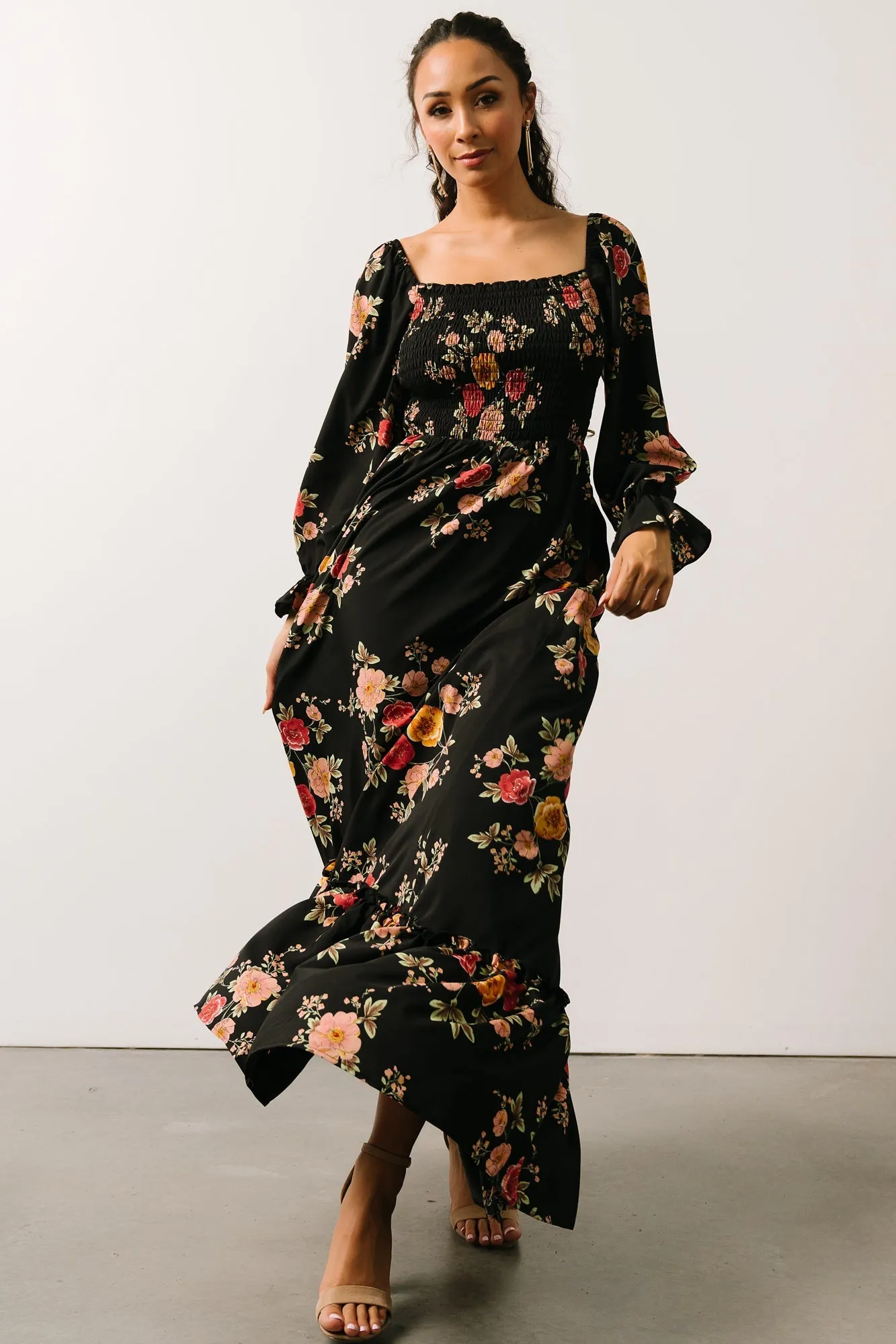 Nina Smocked Maxi Dress | Black + Blush Floral sold by Baltic Born product image thumbnail 3