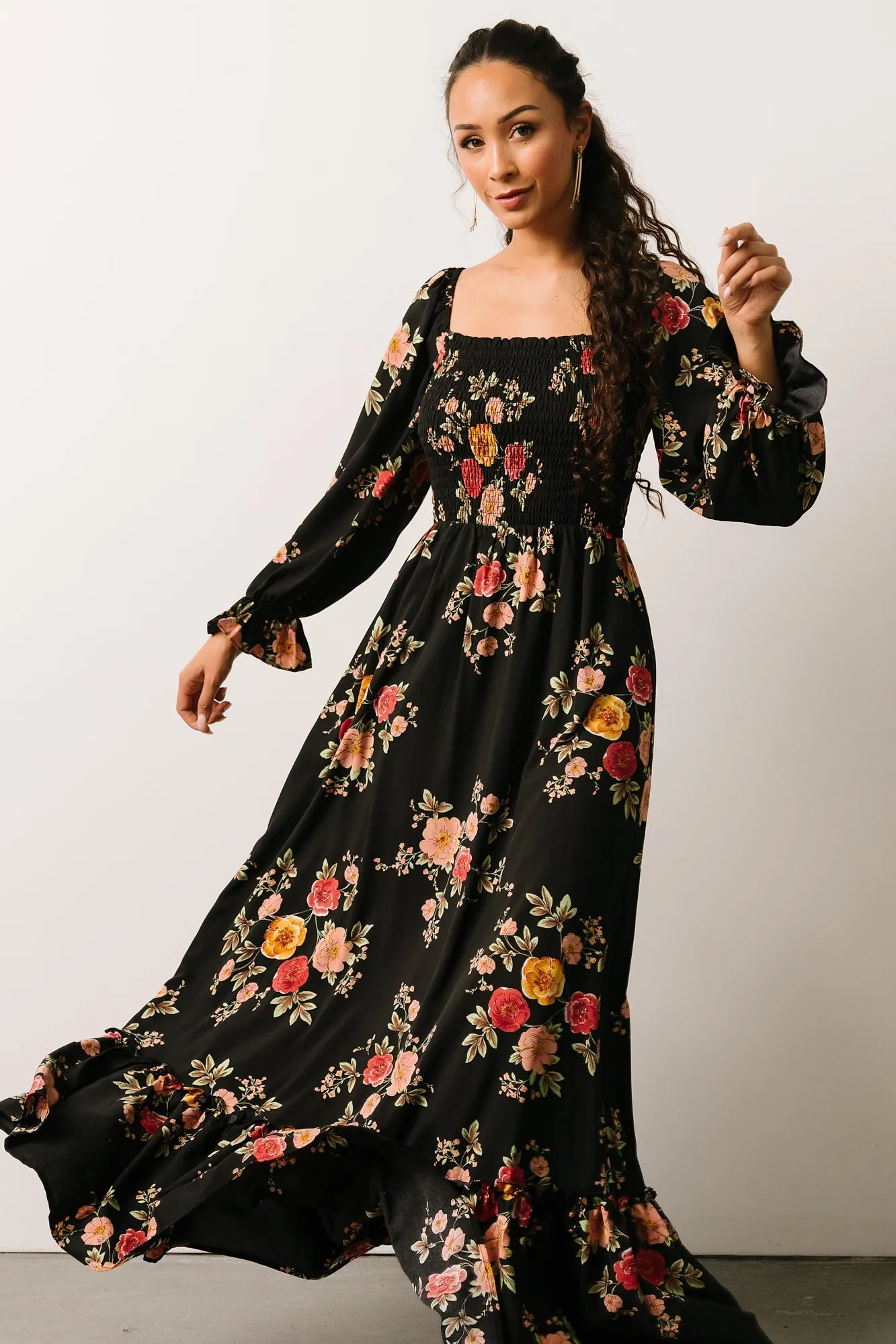 Nina Smocked Maxi Dress | Black + Blush Floral sold by Baltic Born product image thumbnail 4