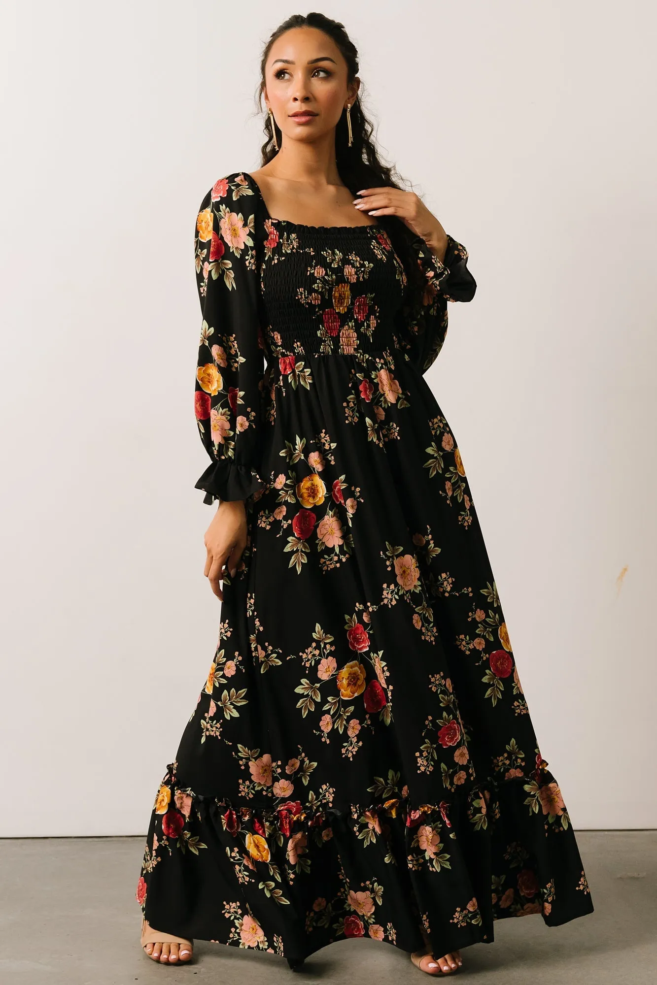 Nina Smocked Maxi Dress | Black + Blush Floral sold by Baltic Born