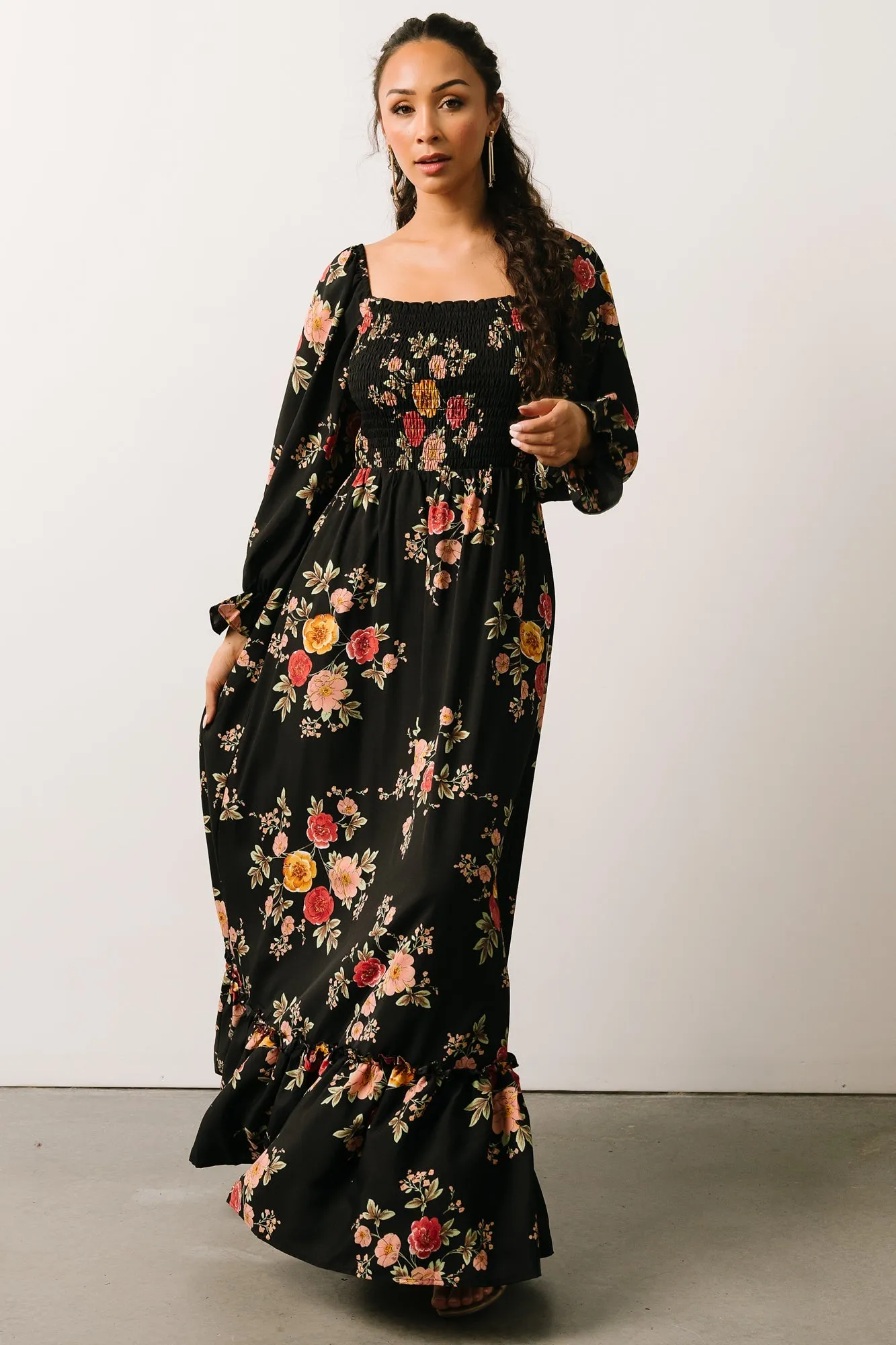 Nina Smocked Maxi Dress | Black + Blush Floral sold by Baltic Born product image thumbnail 5