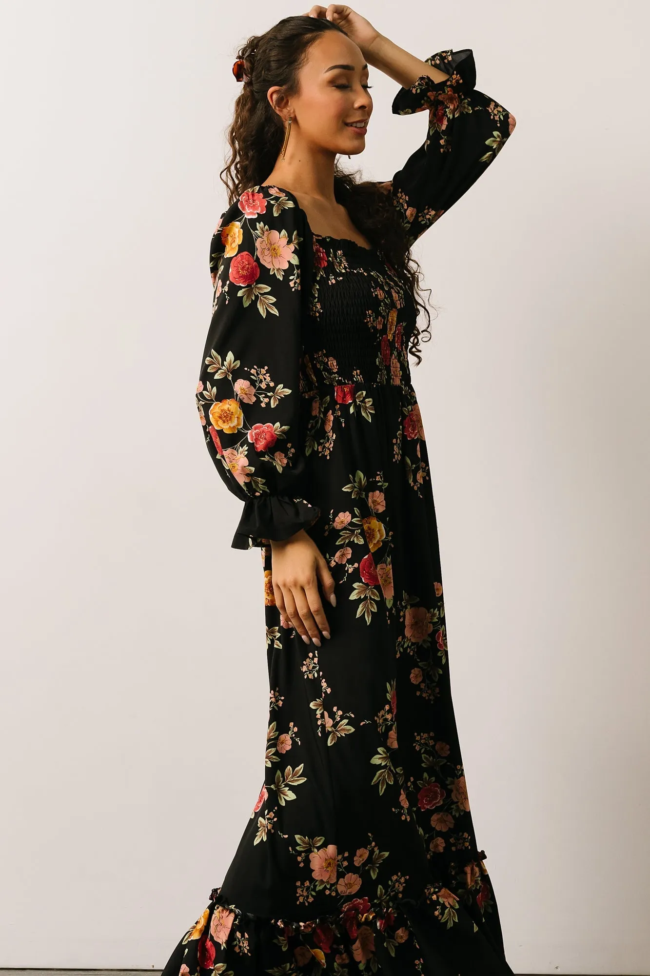 Nina Smocked Maxi Dress | Black + Blush Floral sold by Baltic Born product image thumbnail 2
