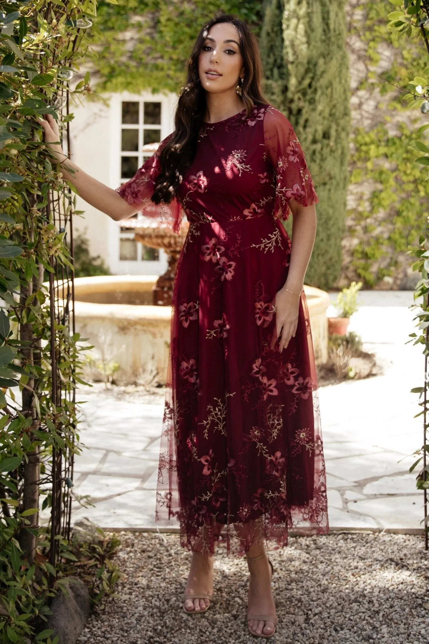 Arabella Embroidered Tulle Maxi Dress | Burgundy Floral sold by Baltic Born product image thumbnail 3