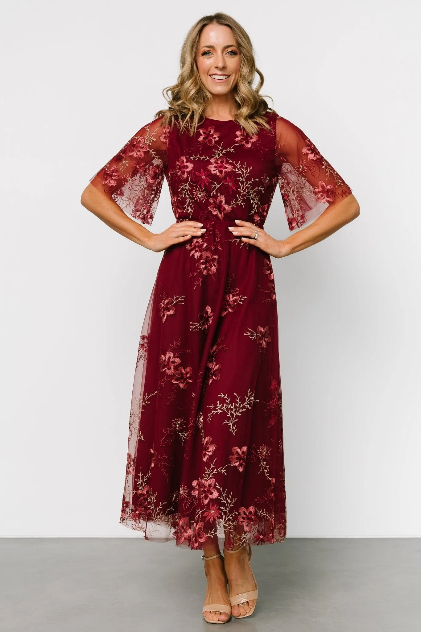 Arabella Embroidered Tulle Maxi Dress | Burgundy Floral sold by Baltic Born product image thumbnail 2