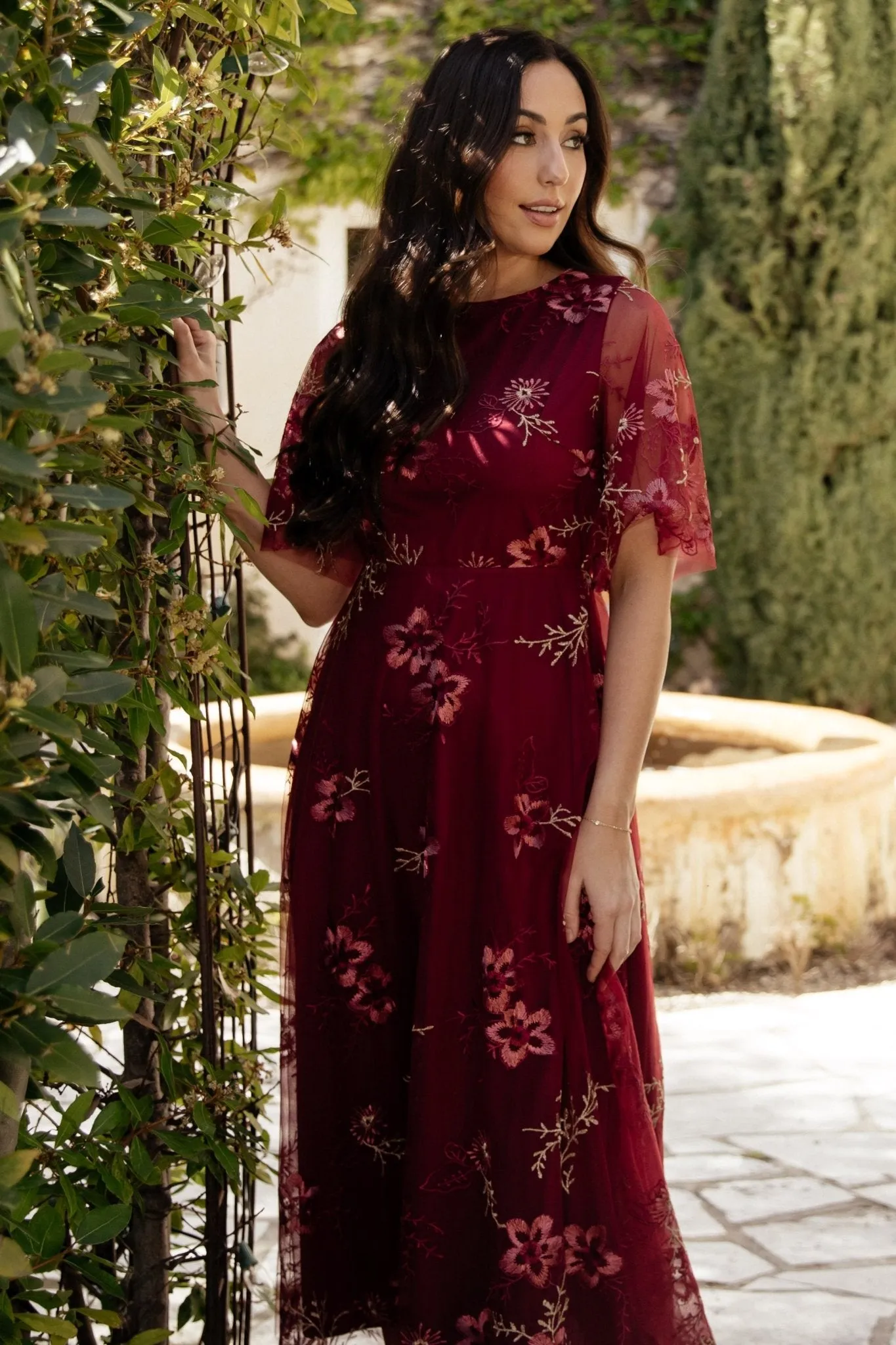 Arabella Embroidered Tulle Maxi Dress | Burgundy Floral sold by Baltic Born product image thumbnail 5
