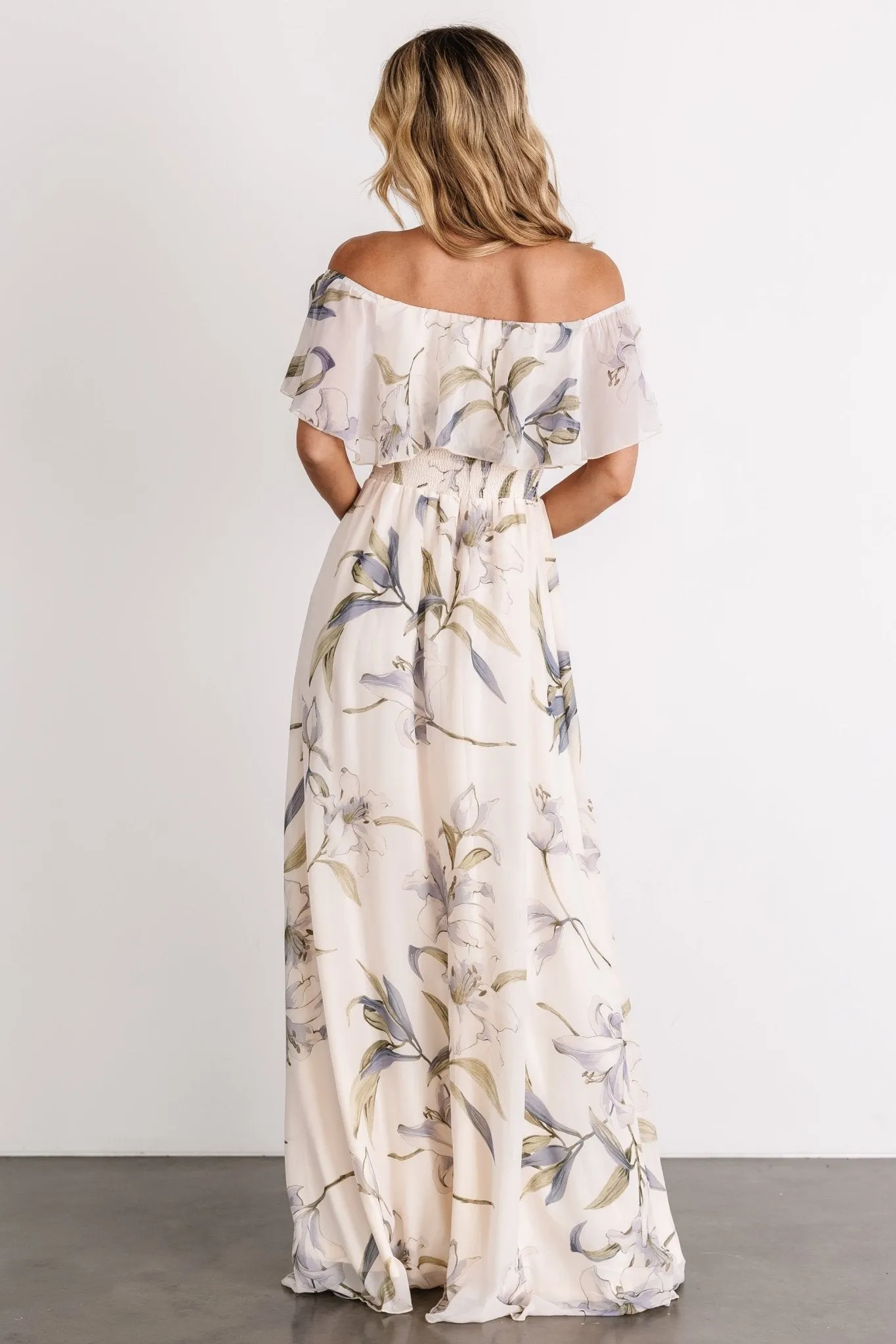 Daphne Off Shoulder Maxi Dress | Beige + Blue Floral sold by Baltic Born product image thumbnail 5