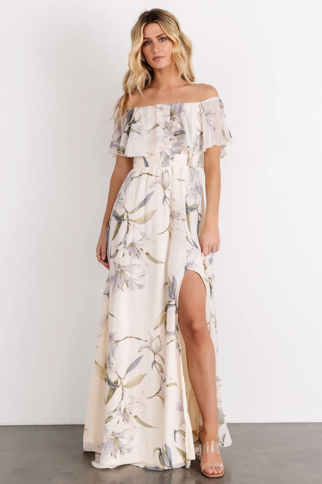 Daphne Off Shoulder Maxi Dress | Beige + Blue Floral sold by Baltic Born