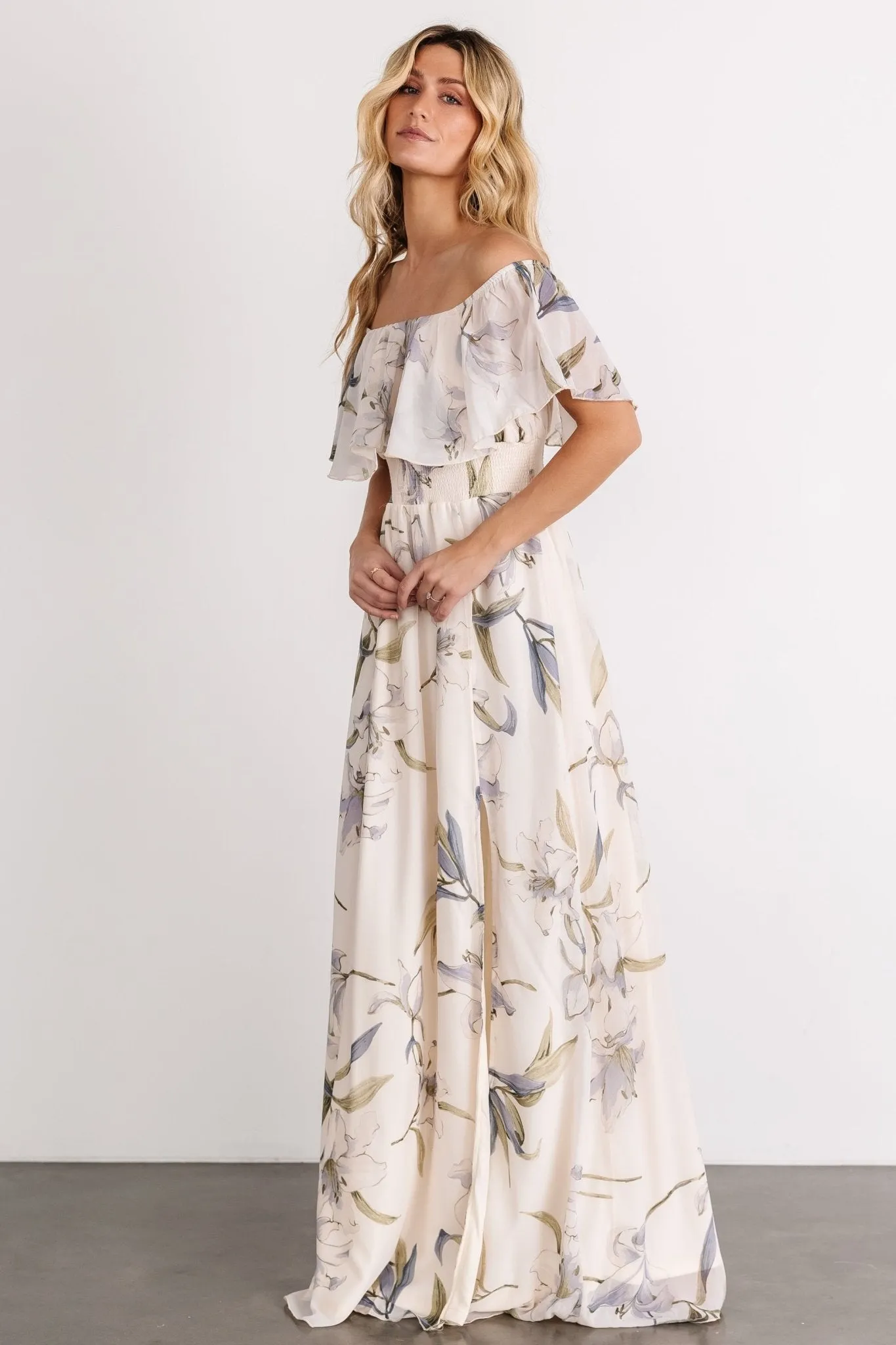 Daphne Off Shoulder Maxi Dress | Beige + Blue Floral sold by Baltic Born product image thumbnail 4