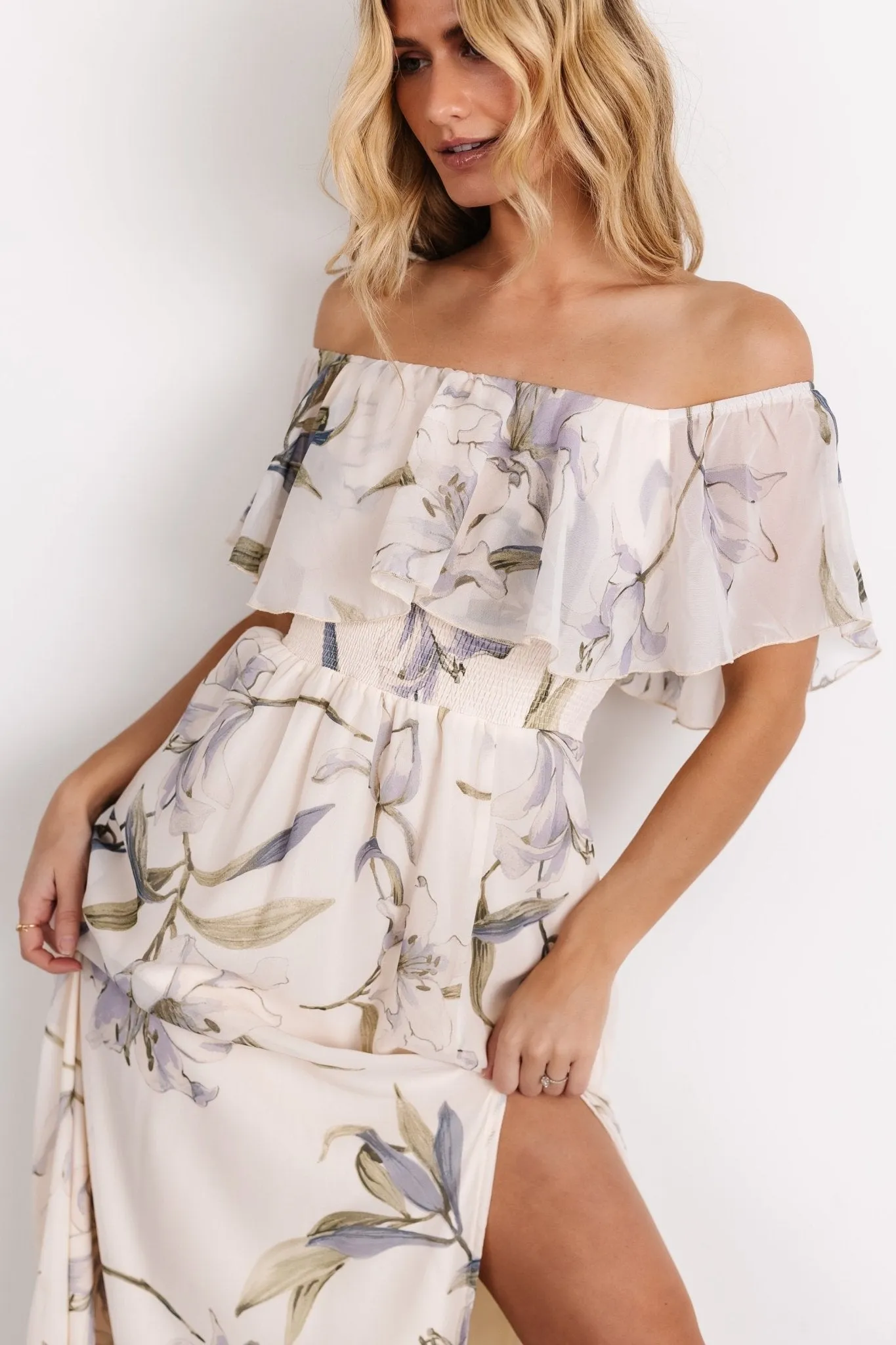 Daphne Off Shoulder Maxi Dress | Beige + Blue Floral sold by Baltic Born product image thumbnail 2