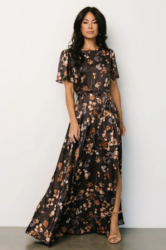 Agnes Satin Maxi Dress | Brown Floral sold by Baltic Born
