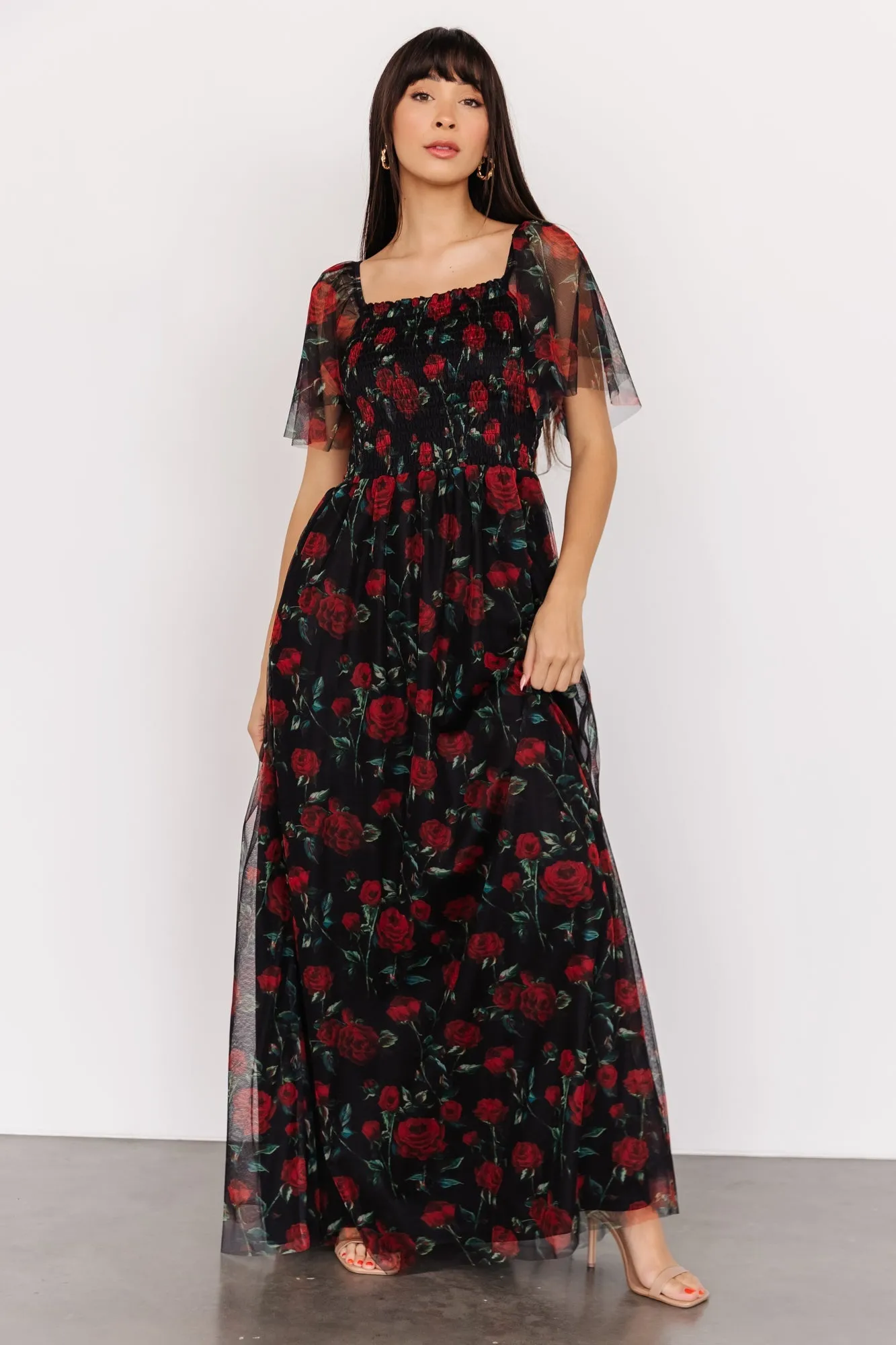 Cassandra Tulle Maxi Dress | Black + Red Rose sold by Baltic Born