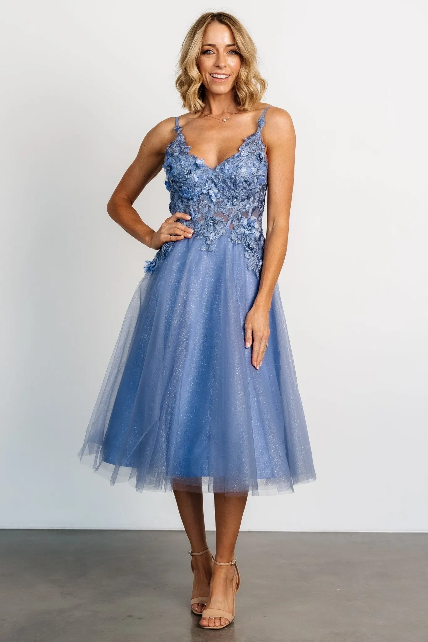 Noelle Shimmer Midi Dress | Slate Blue sold by Baltic Born