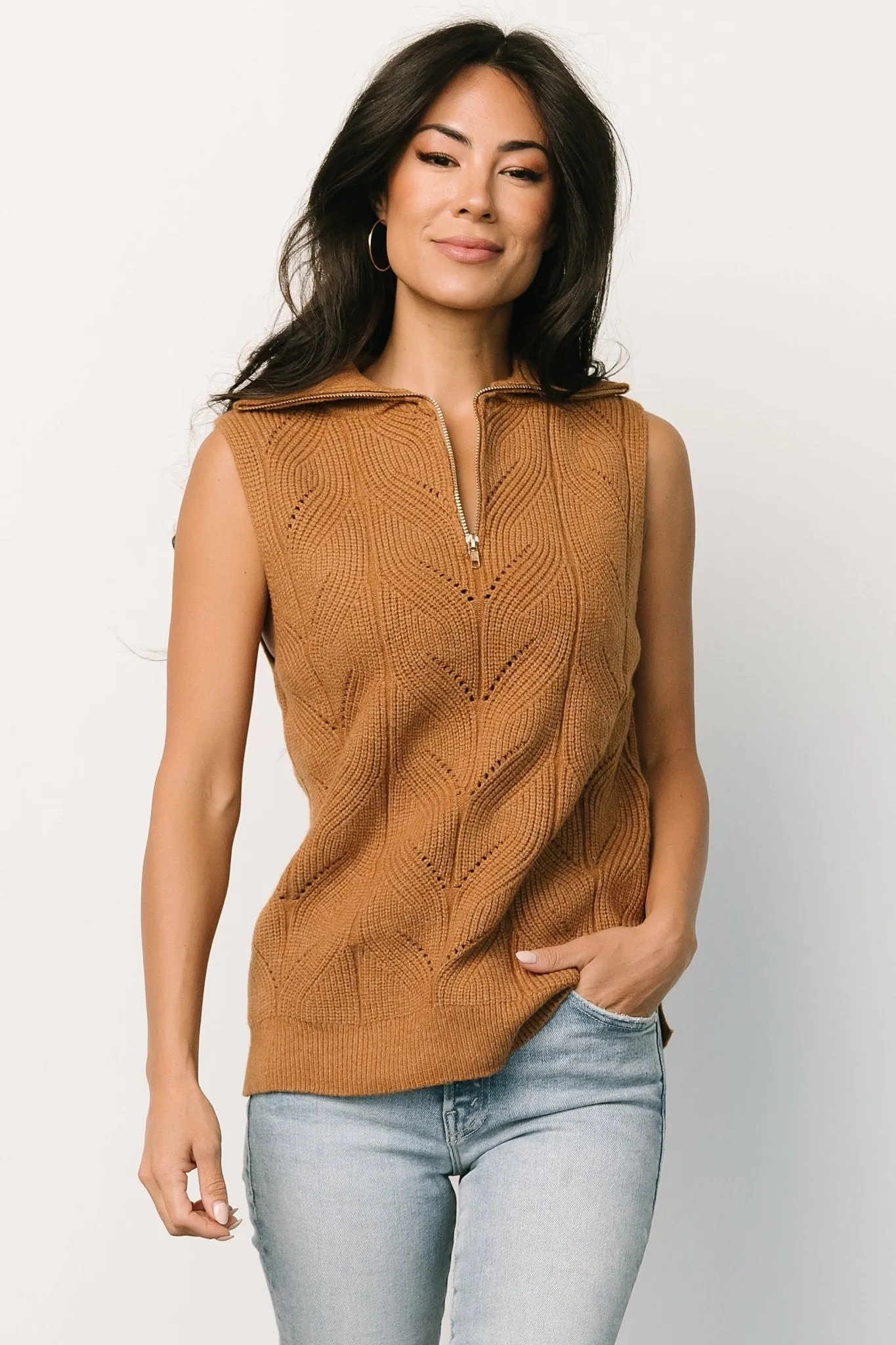 Nelson Half Zip Sweater Vest | Camel sold by Baltic Born