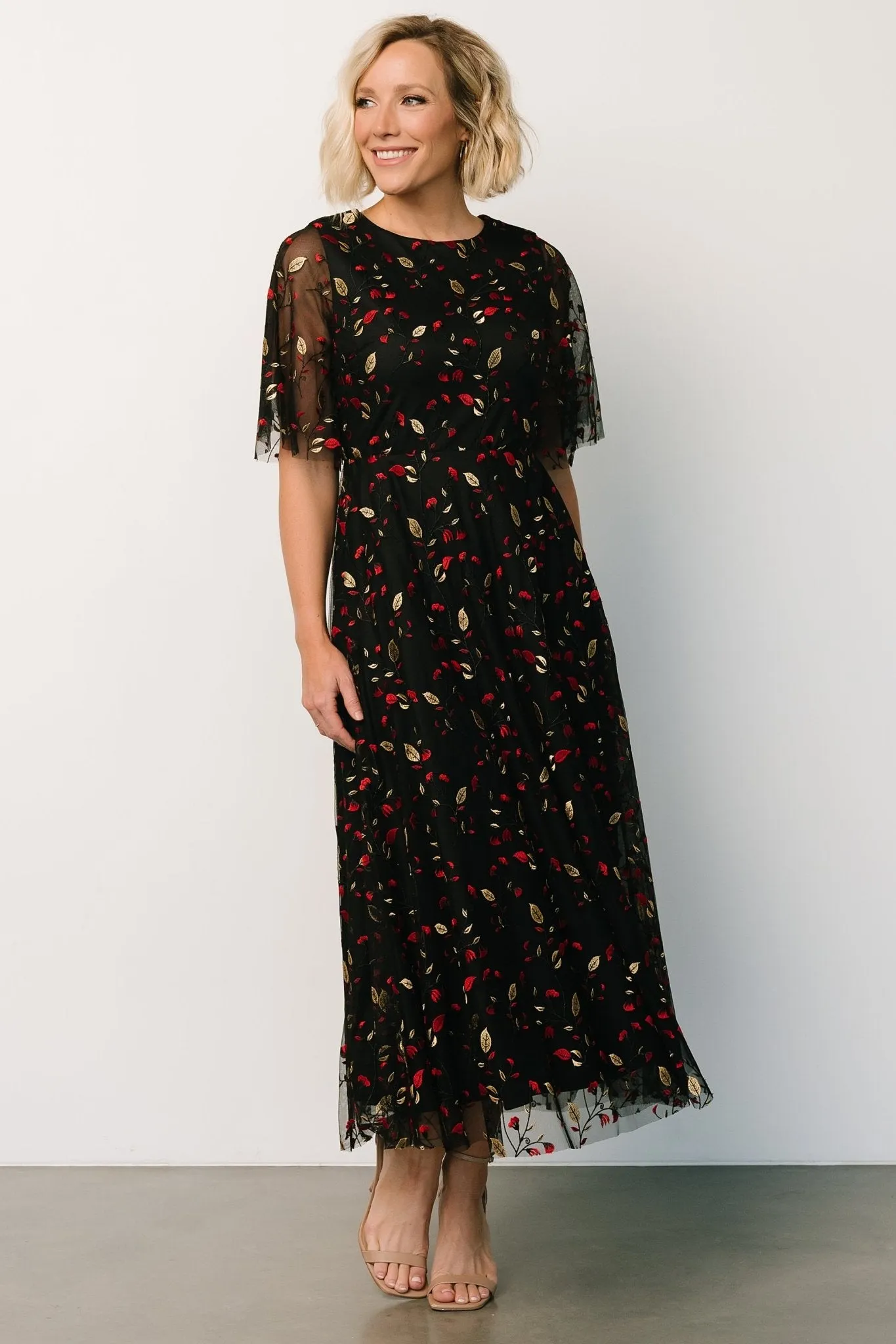 Arabella Embroidered Tulle Maxi Dress | Black + Red sold by Baltic Born