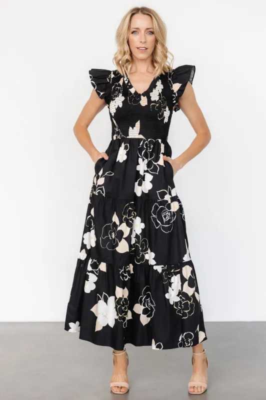 Ranchero Smocked Maxi Dress | Black Print sold by Baltic Born