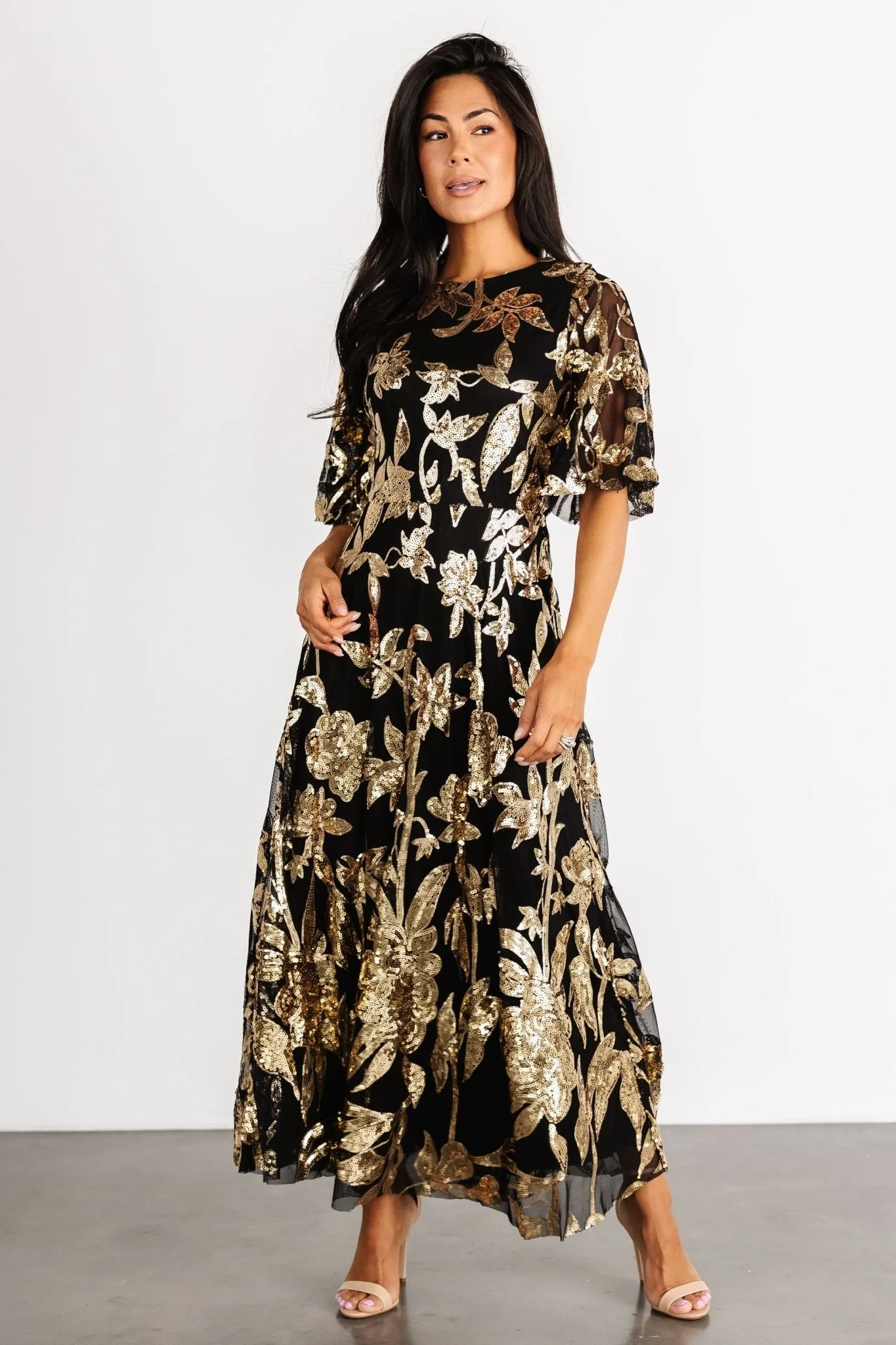 Lucy Sequin Dress | Black + Gold sold by Baltic Born