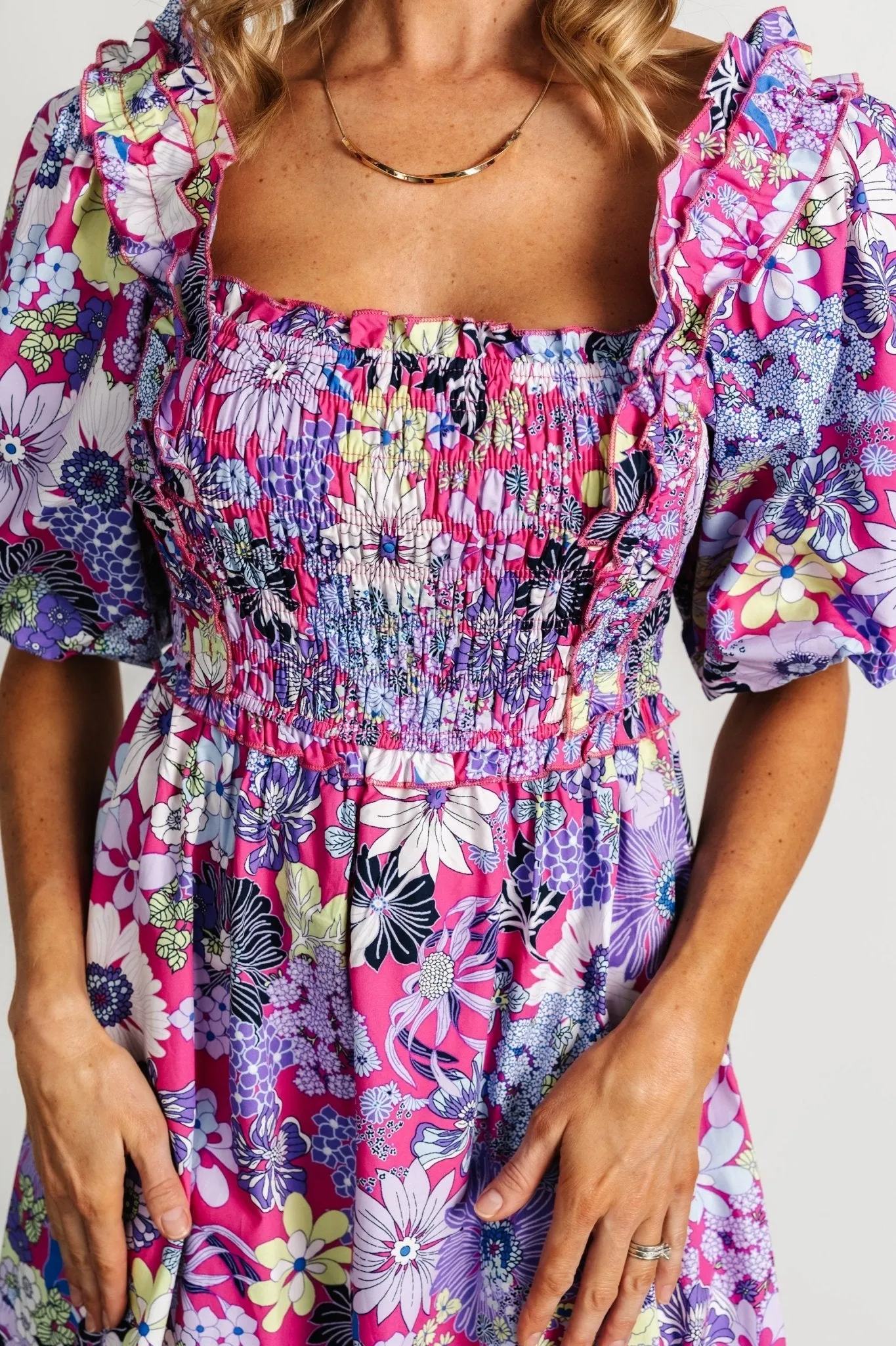 Wendy Puff Sleeve Midi Dress | Fuchsia Multi sold by Baltic Born product image thumbnail 2