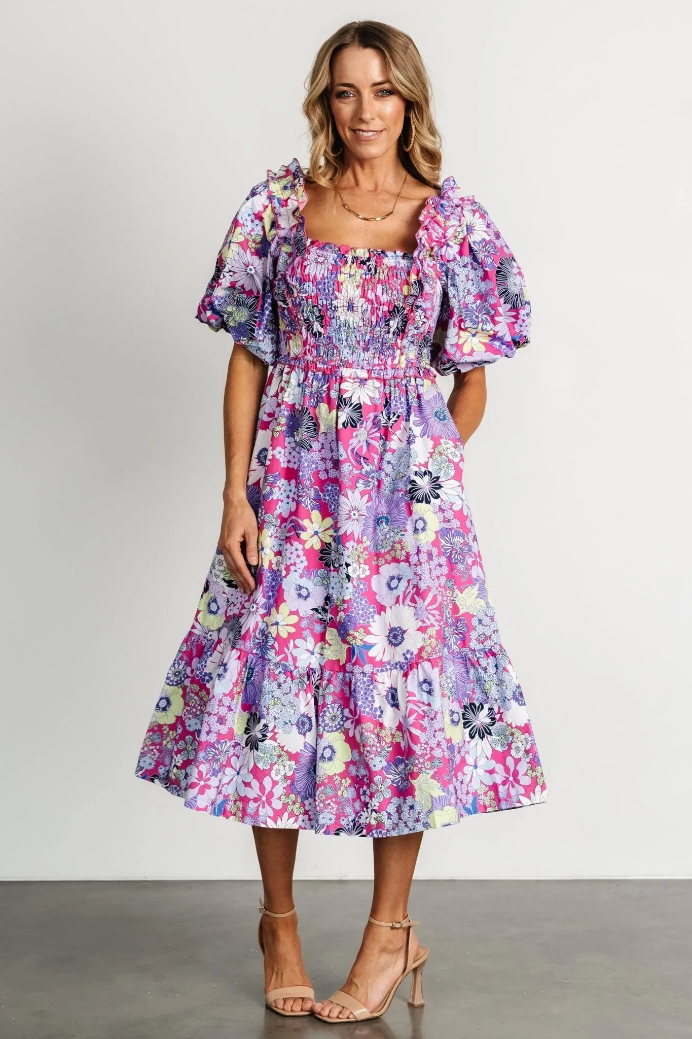 Wendy Puff Sleeve Midi Dress | Fuchsia Multi sold by Baltic Born product image thumbnail 4