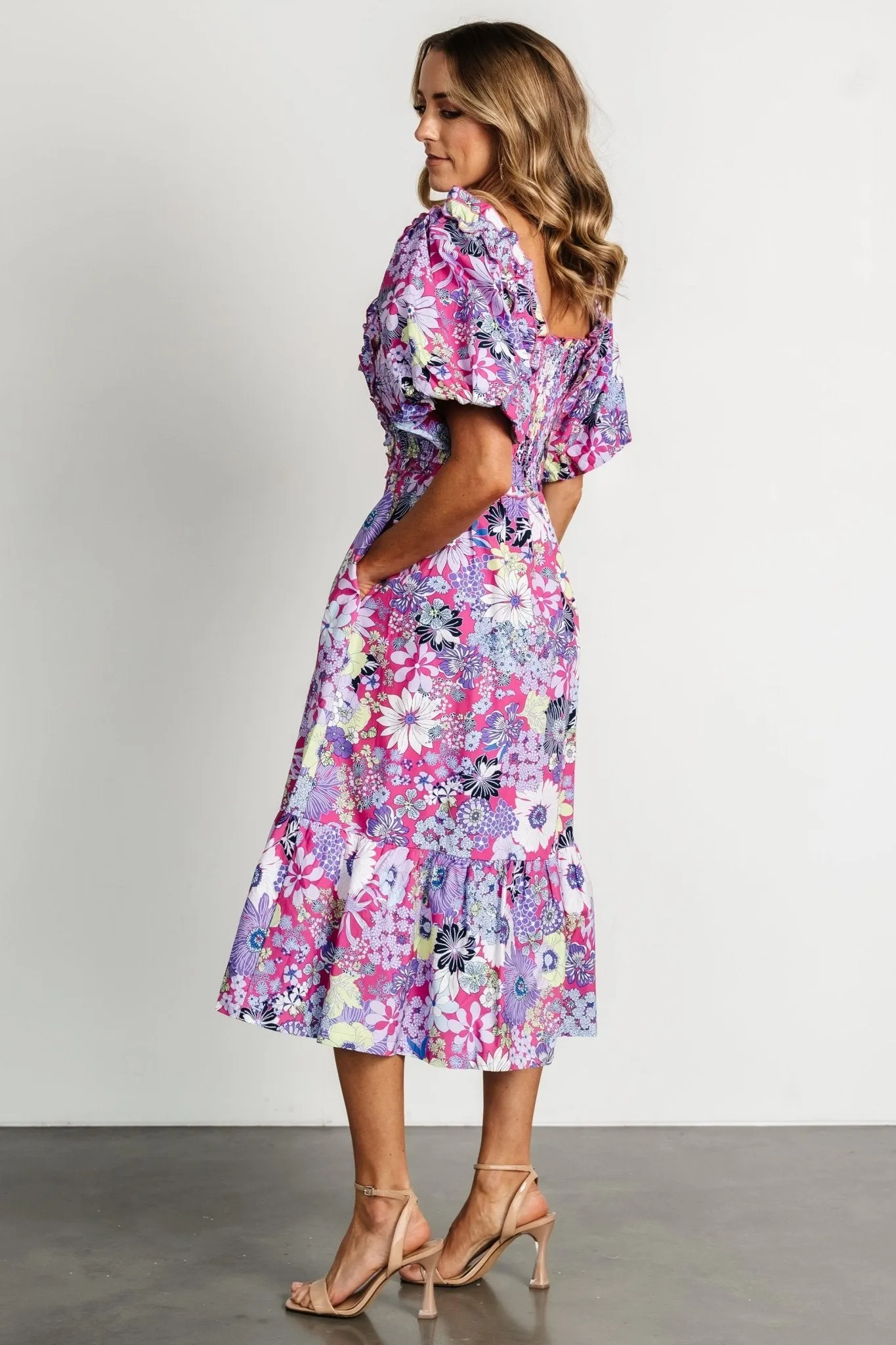 Wendy Puff Sleeve Midi Dress | Fuchsia Multi sold by Baltic Born product image thumbnail 3