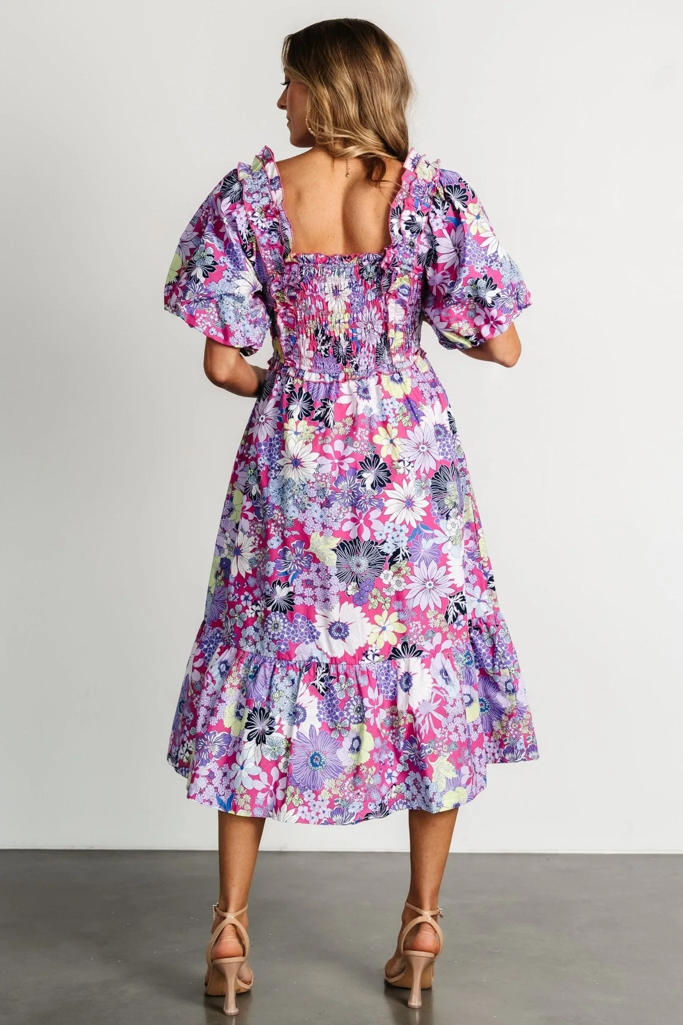 Wendy Puff Sleeve Midi Dress | Fuchsia Multi sold by Baltic Born product image thumbnail 5