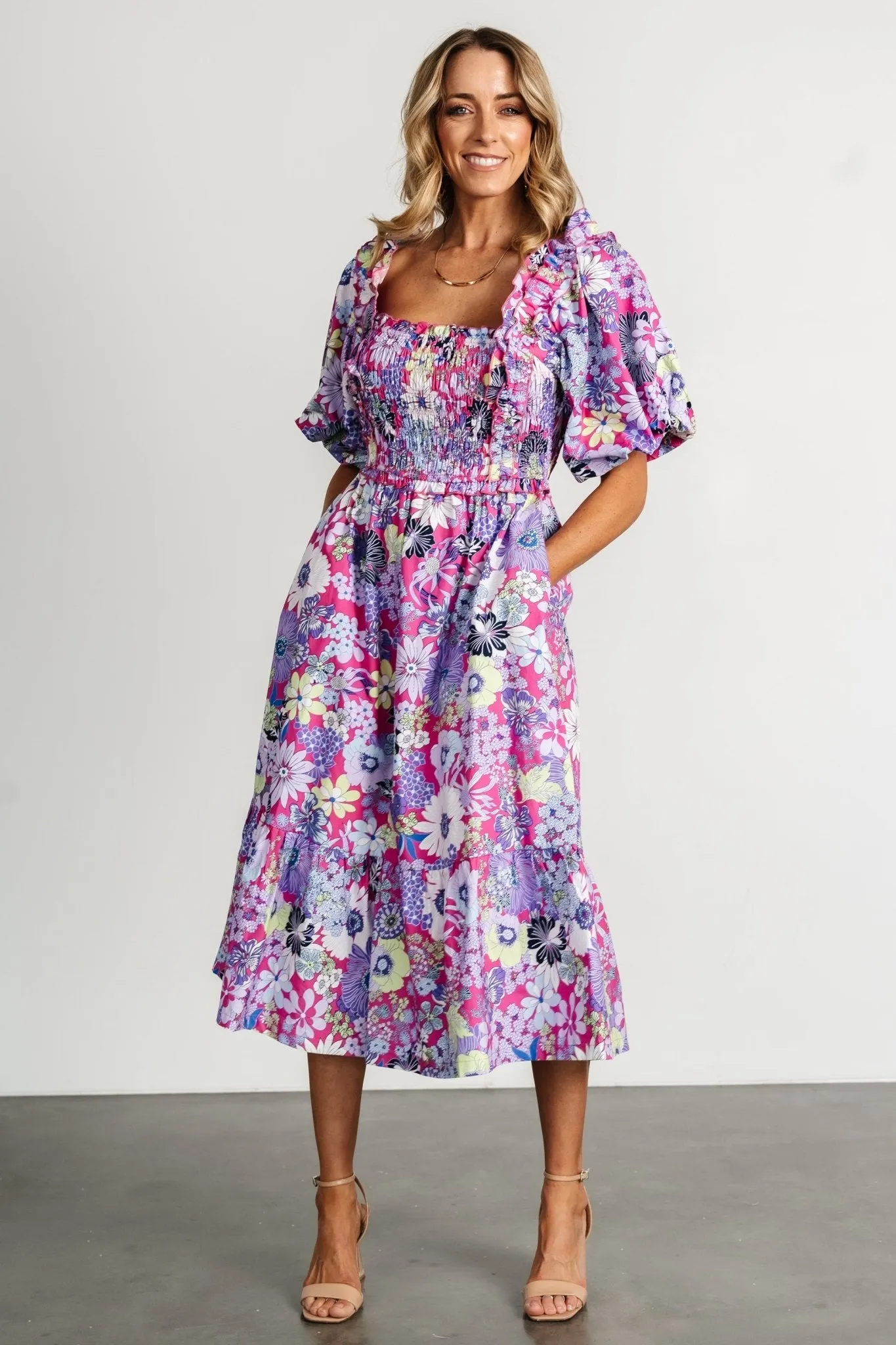 Wendy Puff Sleeve Midi Dress | Fuchsia Multi sold by Baltic Born