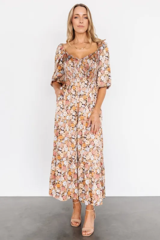Lina Satin Dress | Black Multi Floral made by Polagram