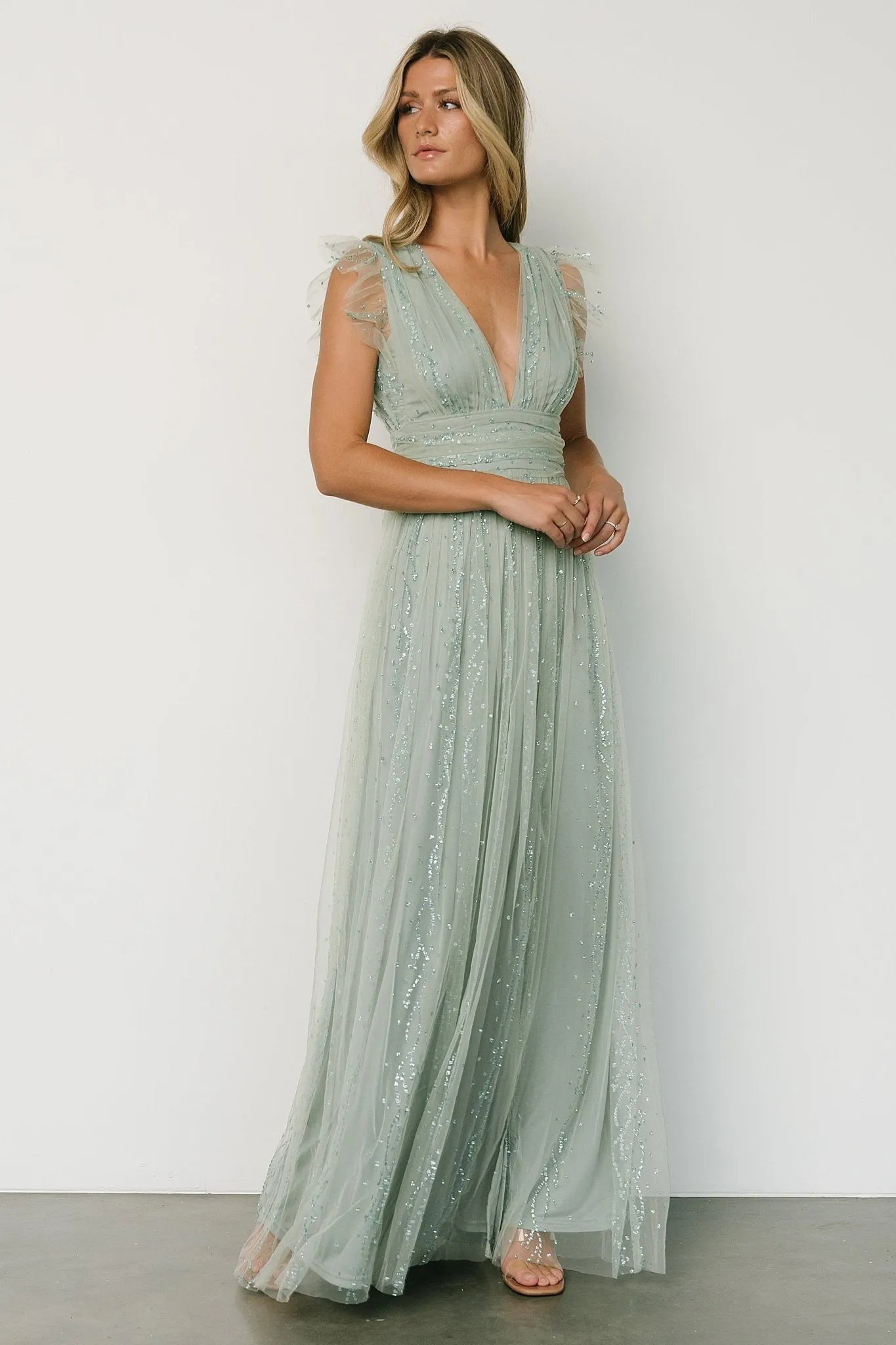 Annika Sequin Mesh Maxi Dress | Dusty Sage sold by Baltic Born