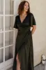 Vara Satin Maxi Wrap Dress | Dark Olive sold by Baltic Born