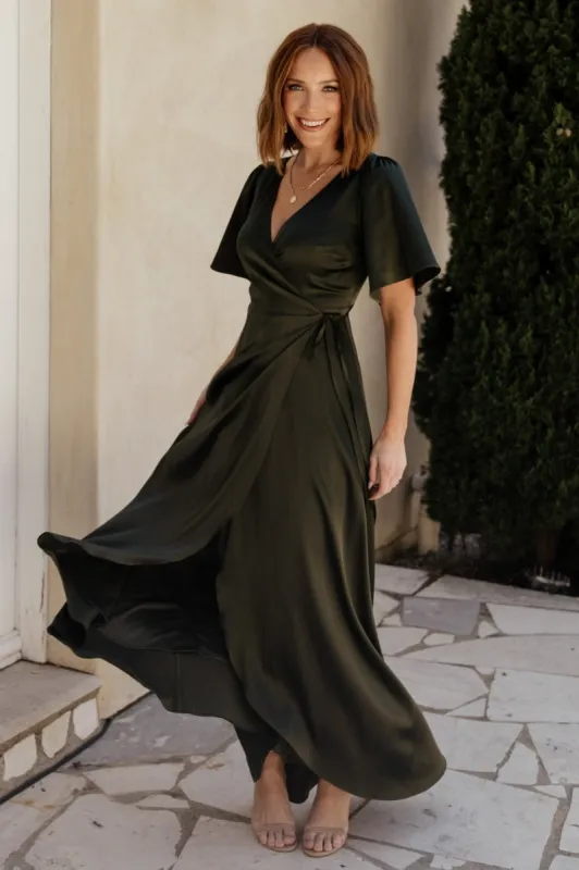 Vara Satin Maxi Wrap Dress | Dark Olive sold by Baltic Born