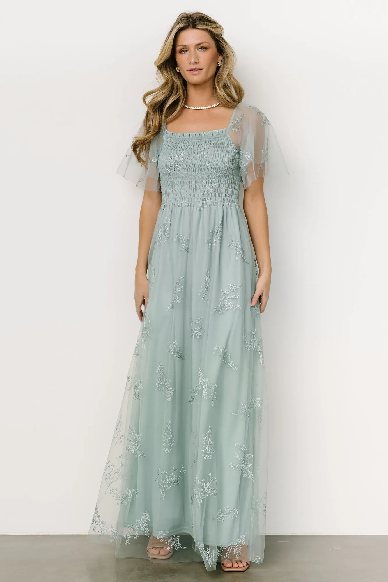 Cassandra Tulle Maxi Dress | Sage Sparkle sold by Baltic Born