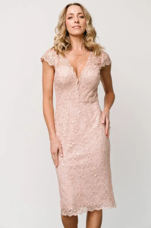 Oriana Embossed Shimmer Midi Dress | Nude Blush sold by Baltic Born