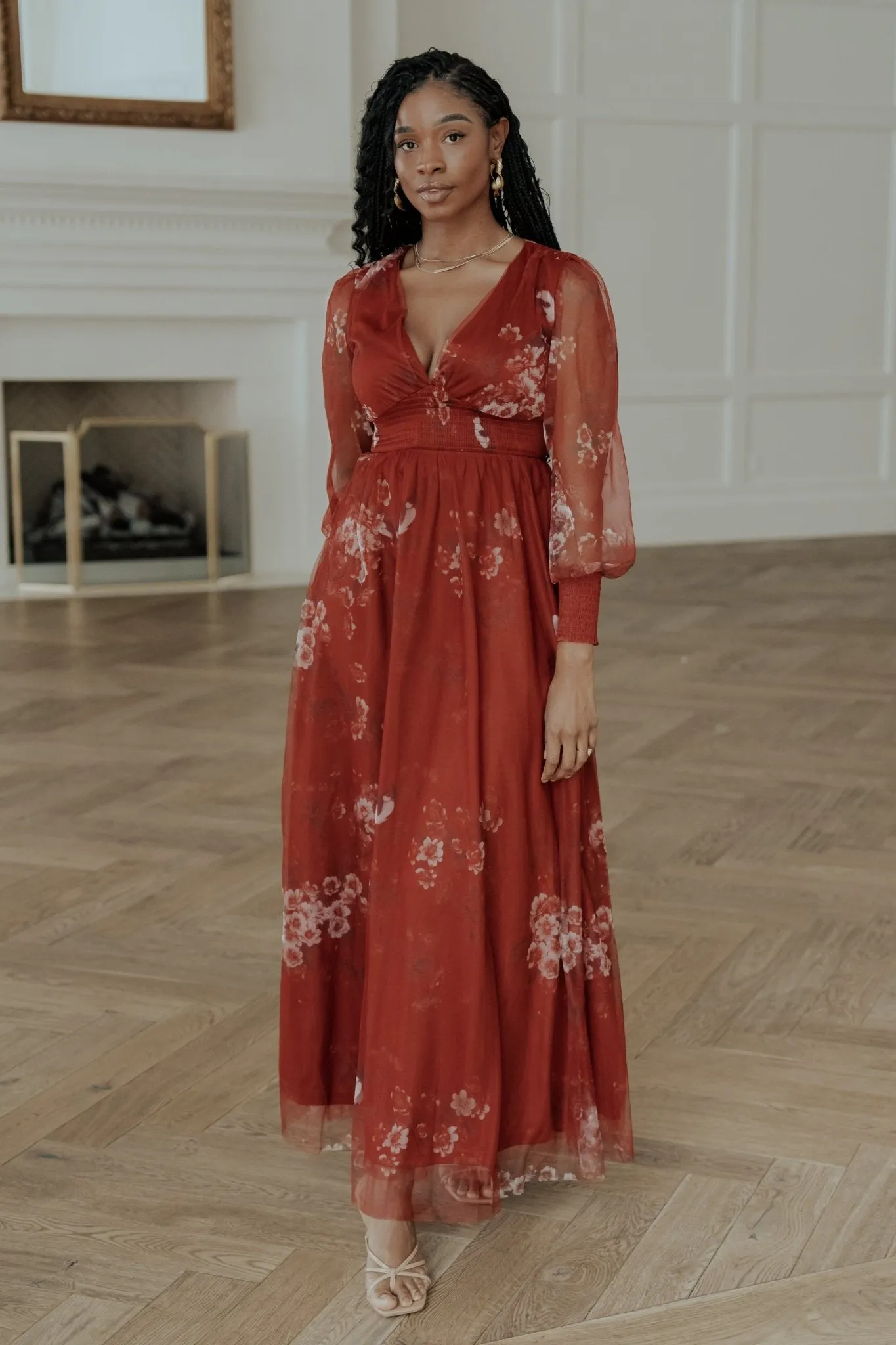 Layla Tulle Maxi Dress | Rust Floral sold by Baltic Born