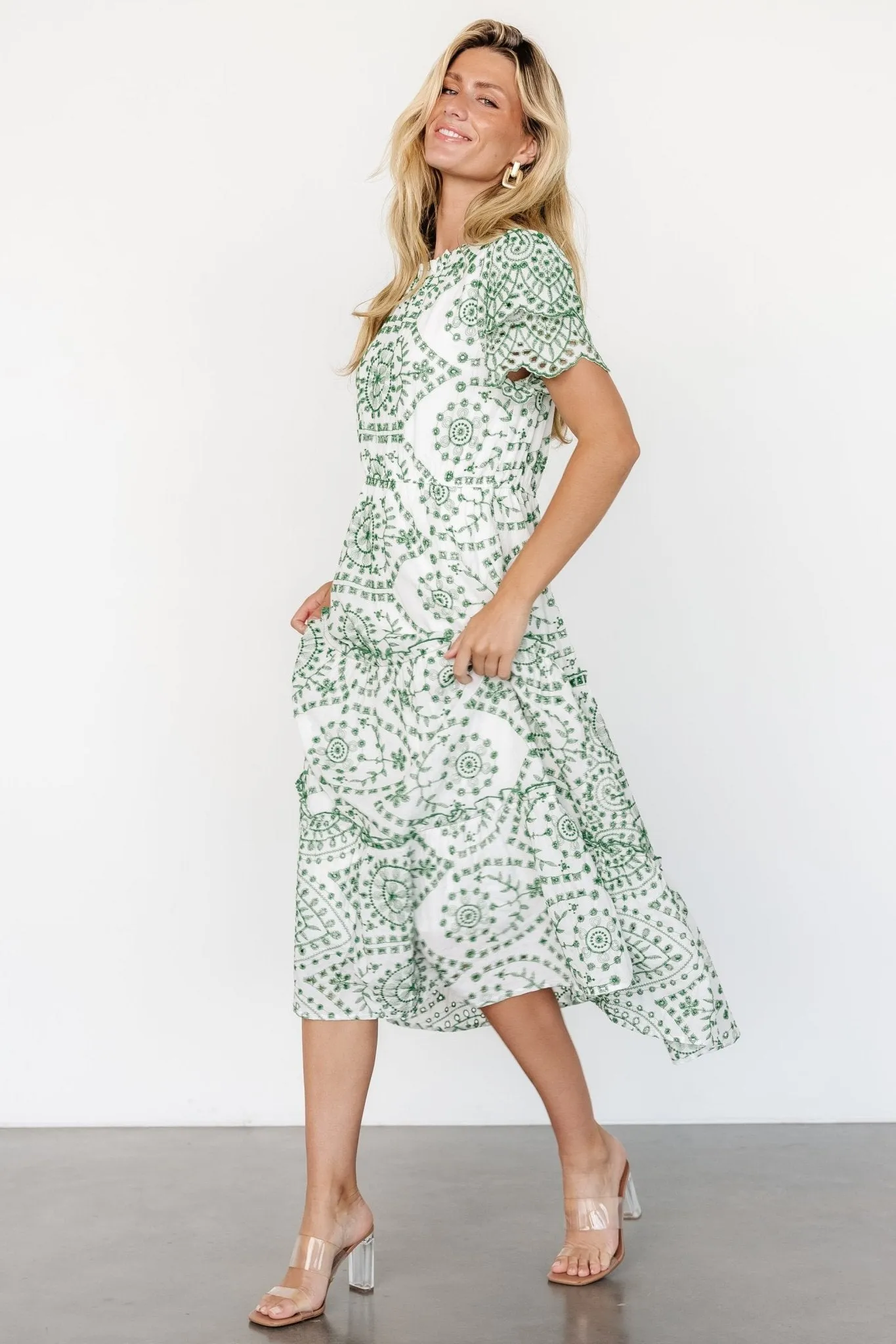 Mirabel Eyelet Midi Dress | White + Green sold by Baltic Born product image thumbnail 3