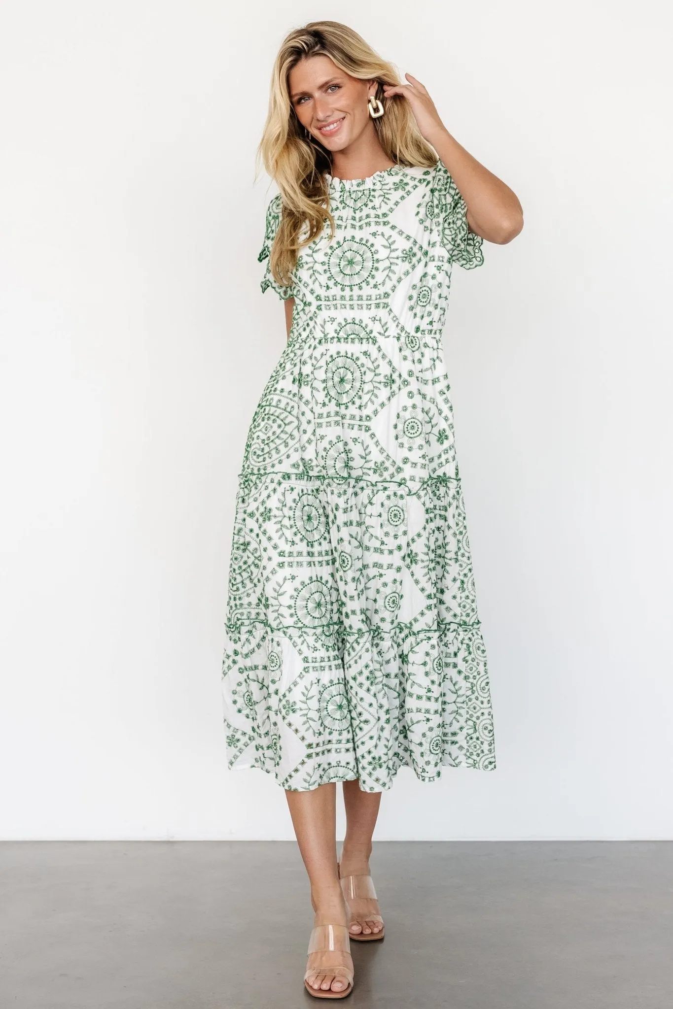 Mirabel Eyelet Midi Dress | White + Green sold by Baltic Born