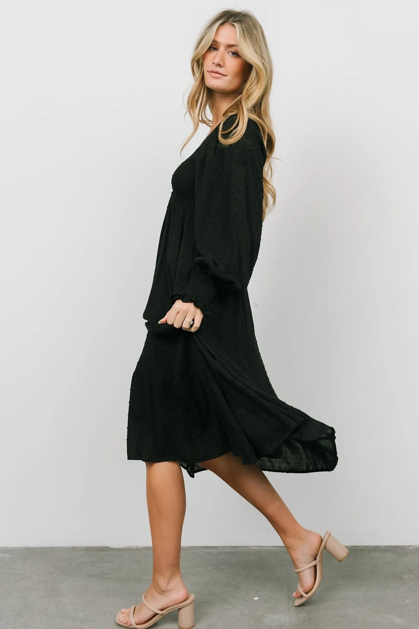 Lainey Smocked Dotted Midi Dress | Black sold by Baltic Born product image thumbnail 3