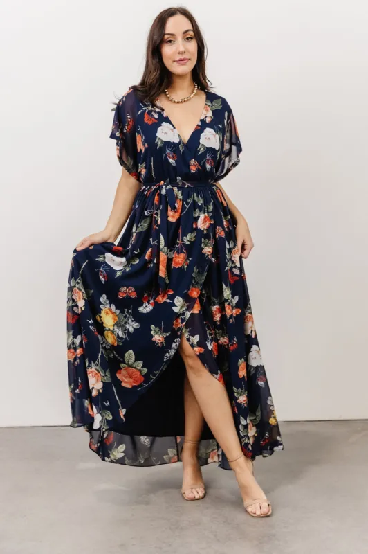Madeline Maxi Dress | Navy + Coral Floral sold by Baltic Born