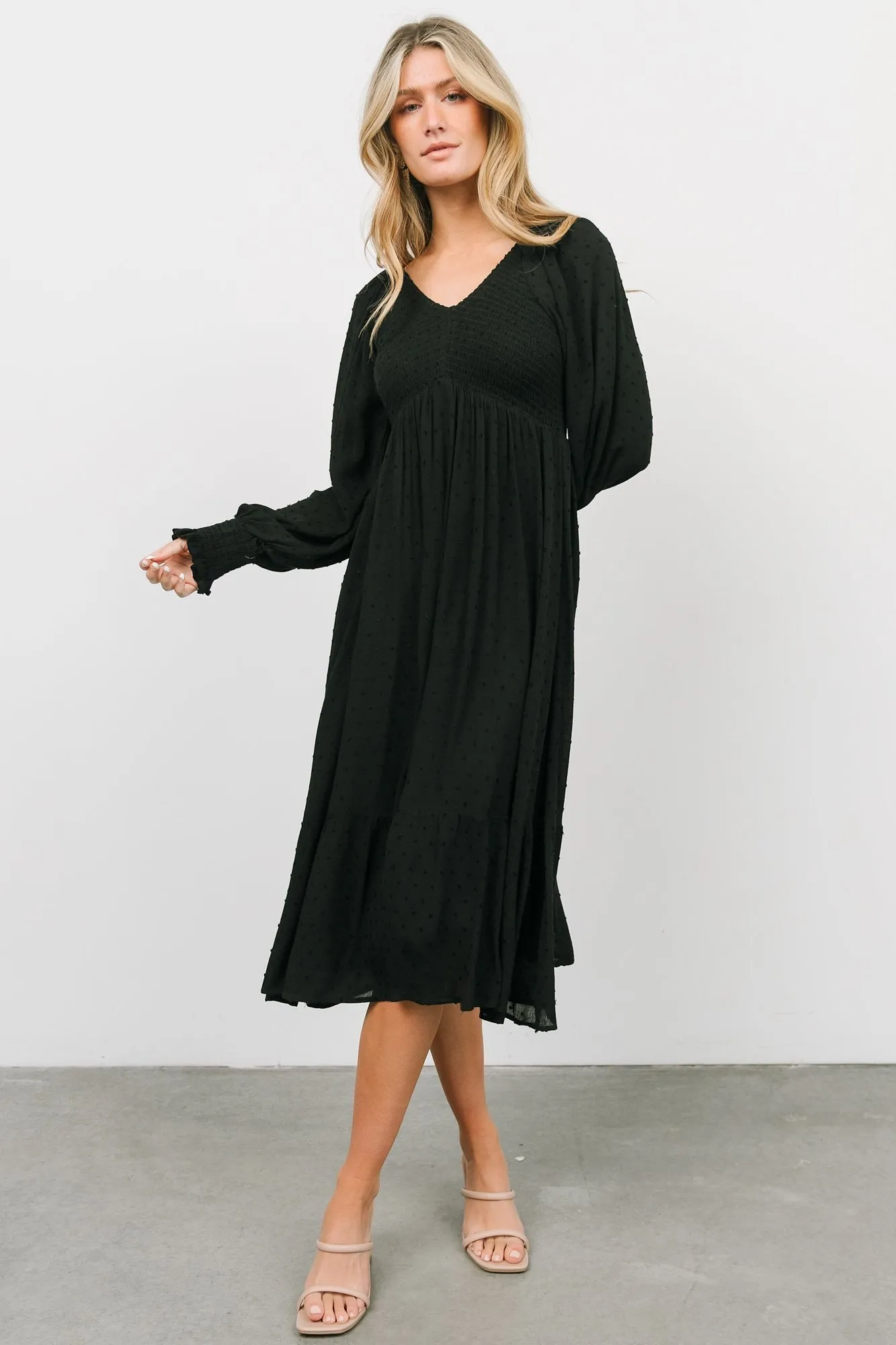 Lainey Smocked Dotted Midi Dress | Black sold by Baltic Born product image thumbnail 5