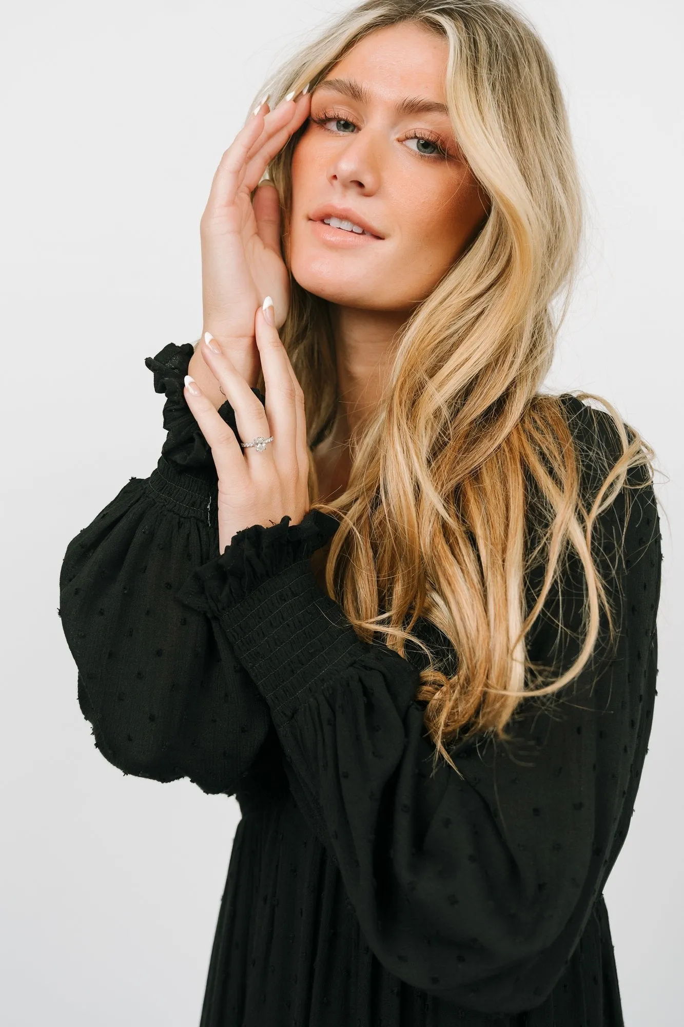 Lainey Smocked Dotted Midi Dress | Black sold by Baltic Born product image thumbnail 2